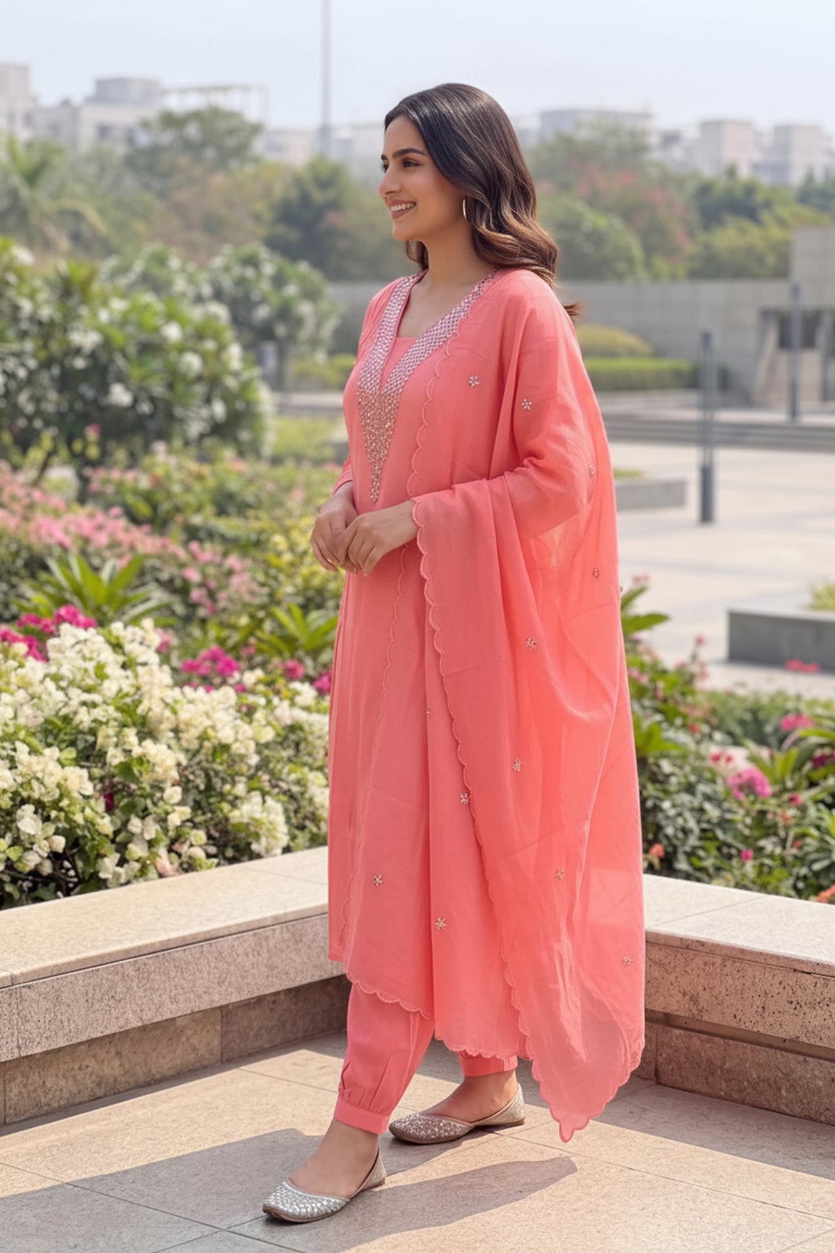 Peach Embroidered Kurta Set With Dupatta