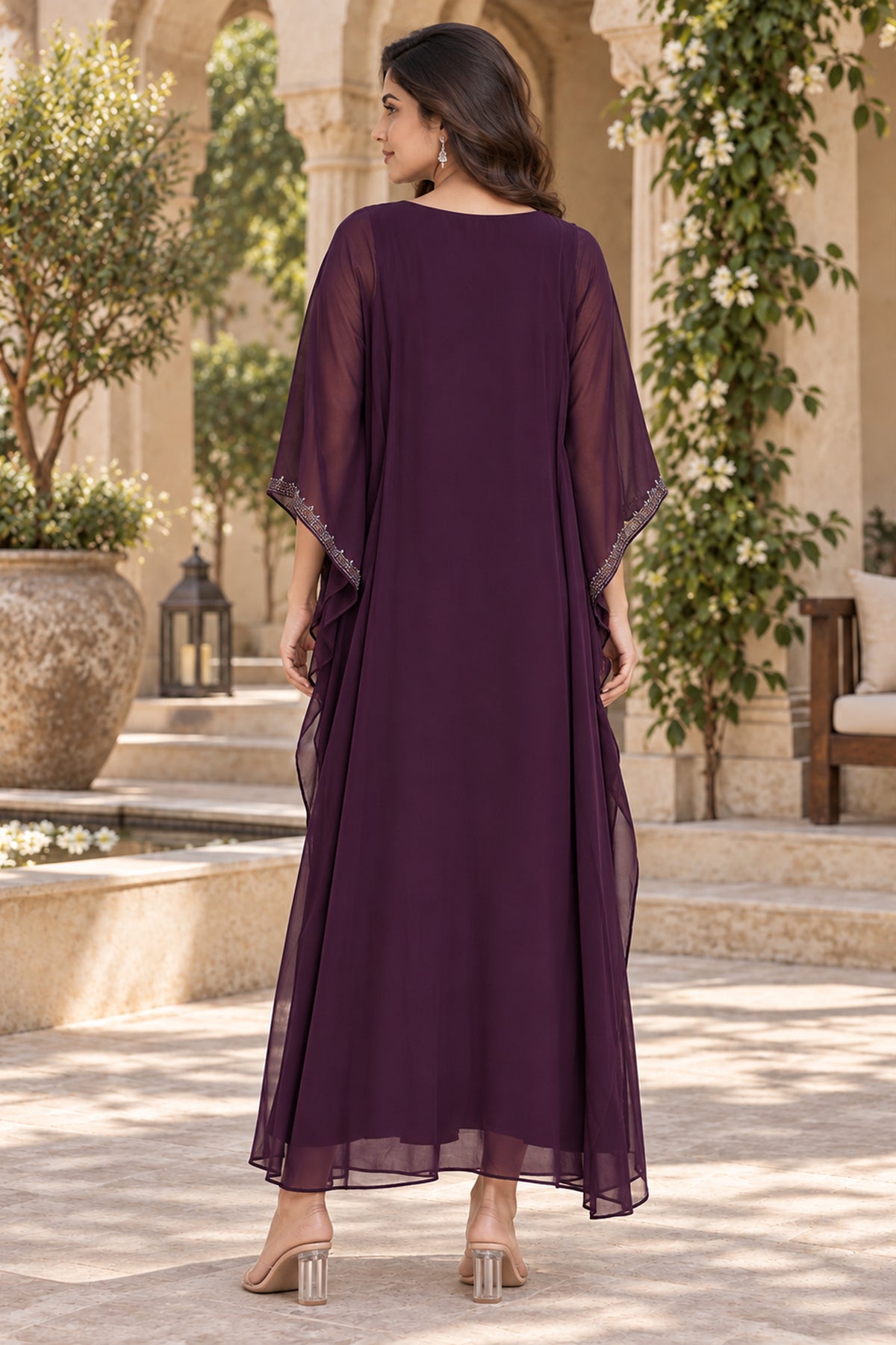 Wine Threadwork Embroidered Long Kaftan