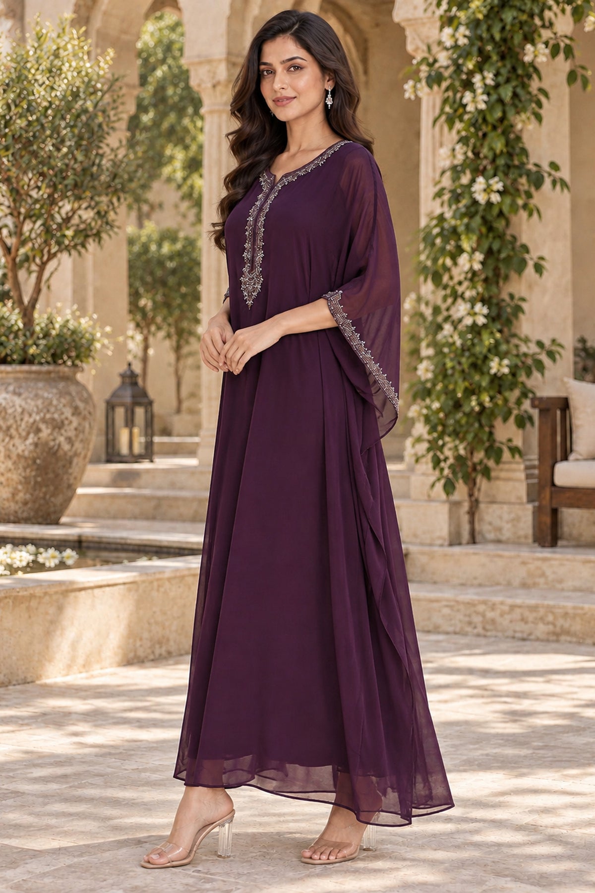 Wine Threadwork Embroidered Long Kaftan
