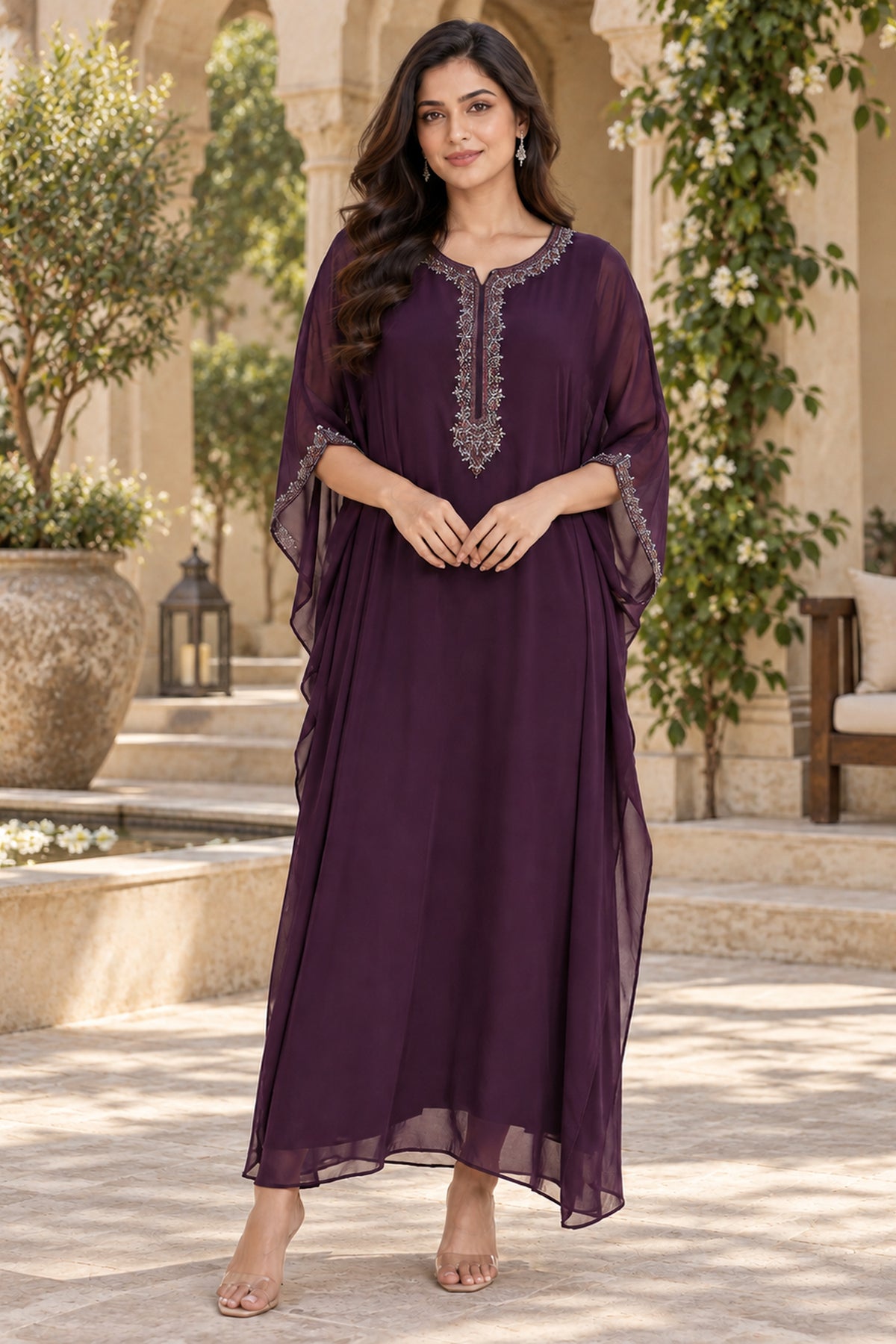 Wine Threadwork Embroidered Long Kaftan