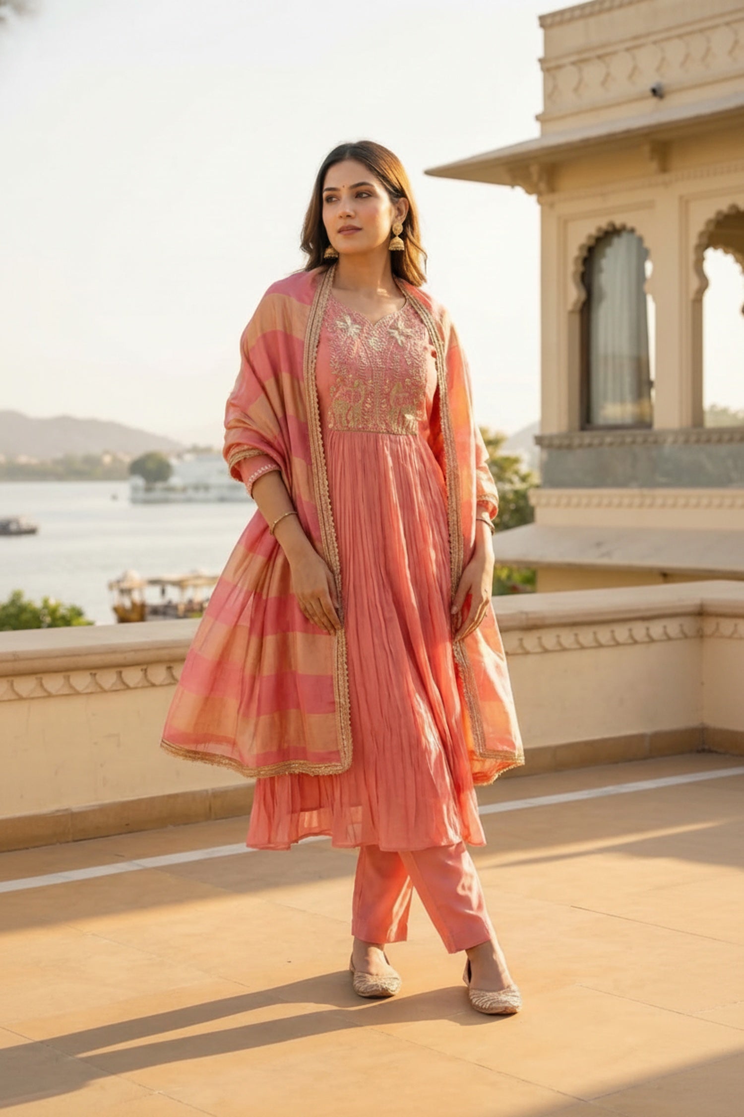 Peach Cotton Three-Piece Set with Thread Embroidery