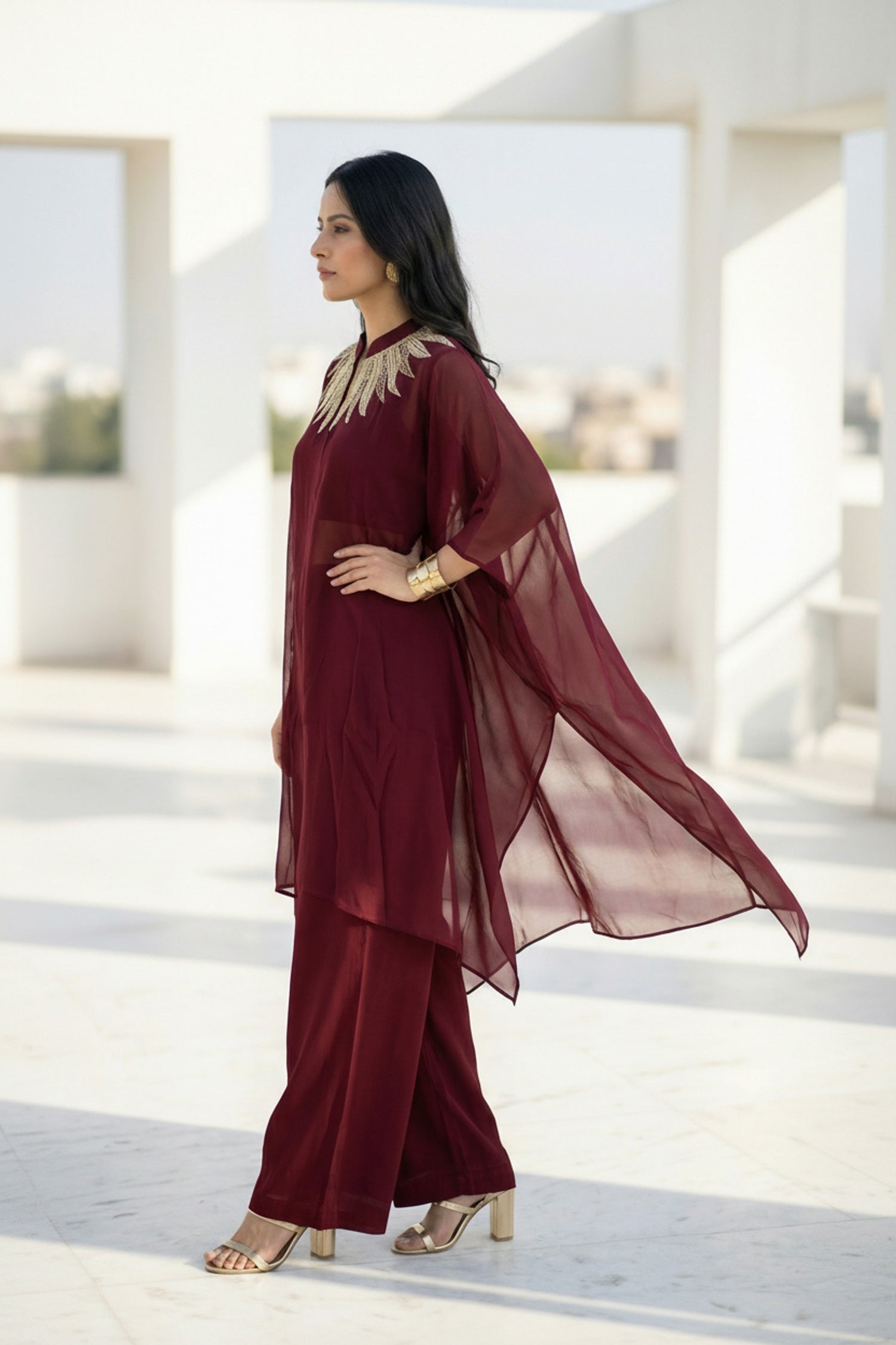 Maroon Charm Embroidered Neck Co-ord Set