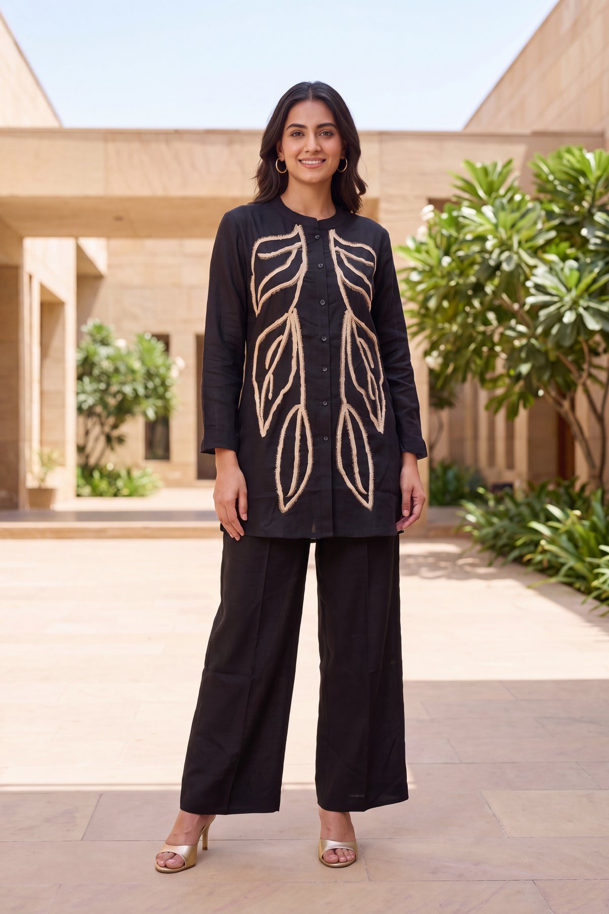 Black Embroidered Cotton Coord Set