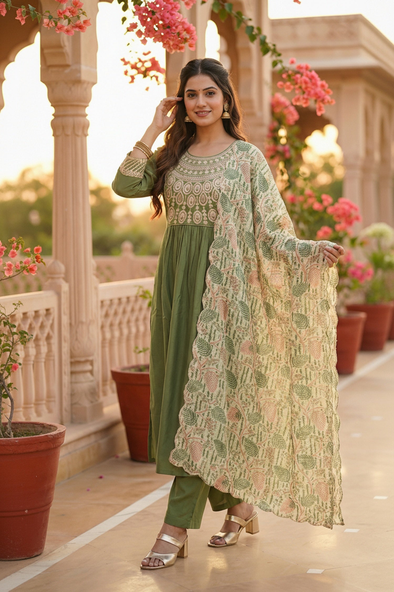 Green Embroidered Kurta Set with Tissue Silk Dupatta