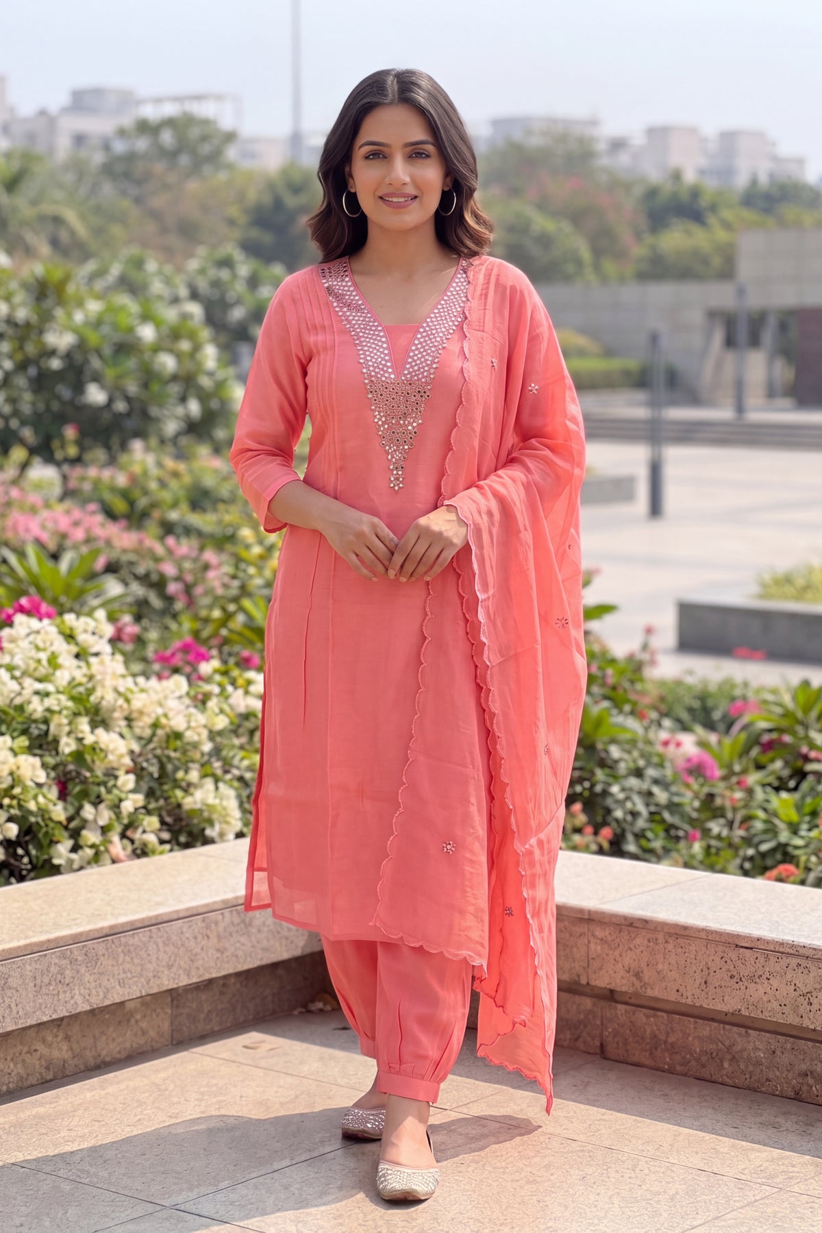 Peach Embroidered Kurta Set With Dupatta