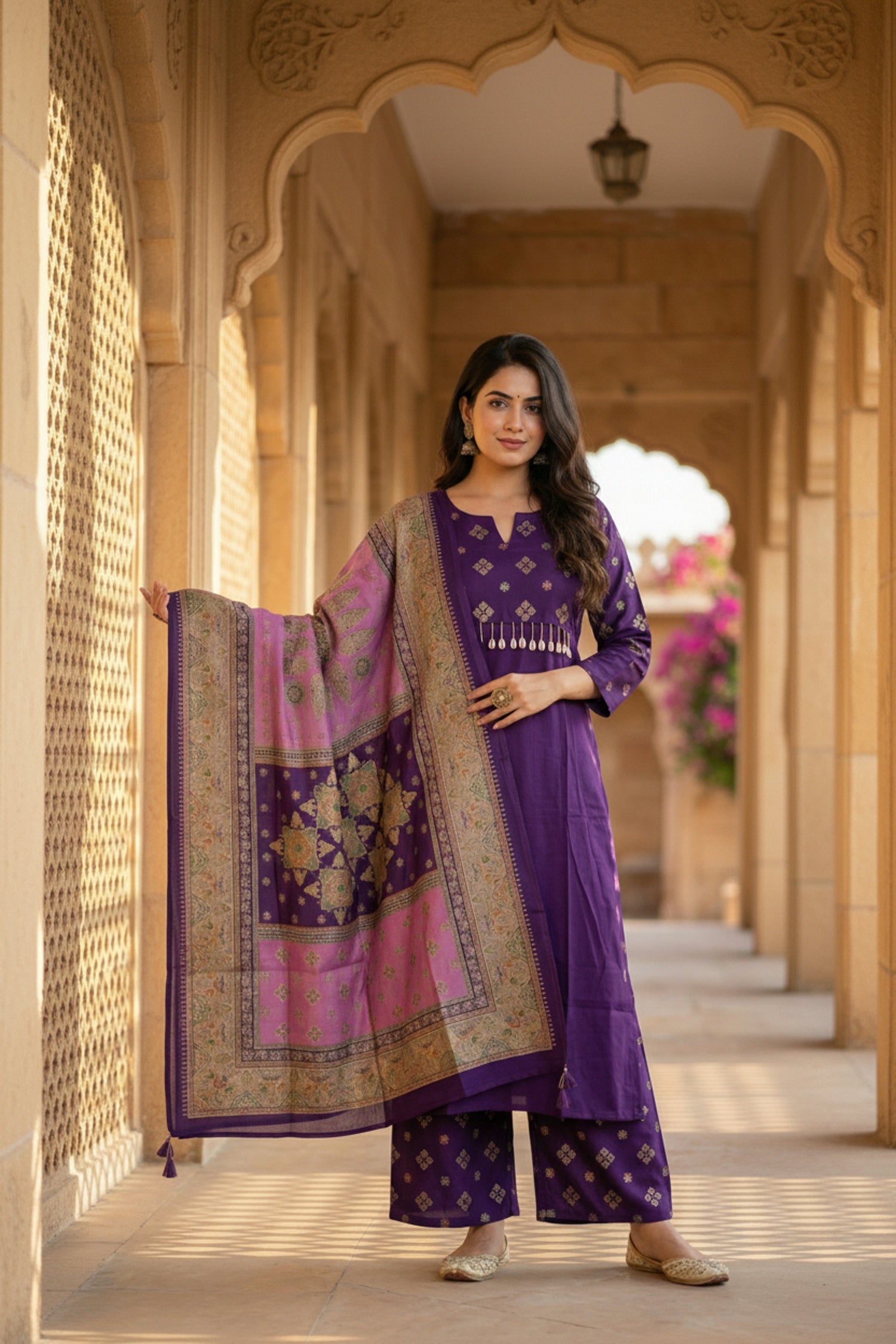 Purple Royale Straight-Cut Embroidered Three Piece Suit Set
