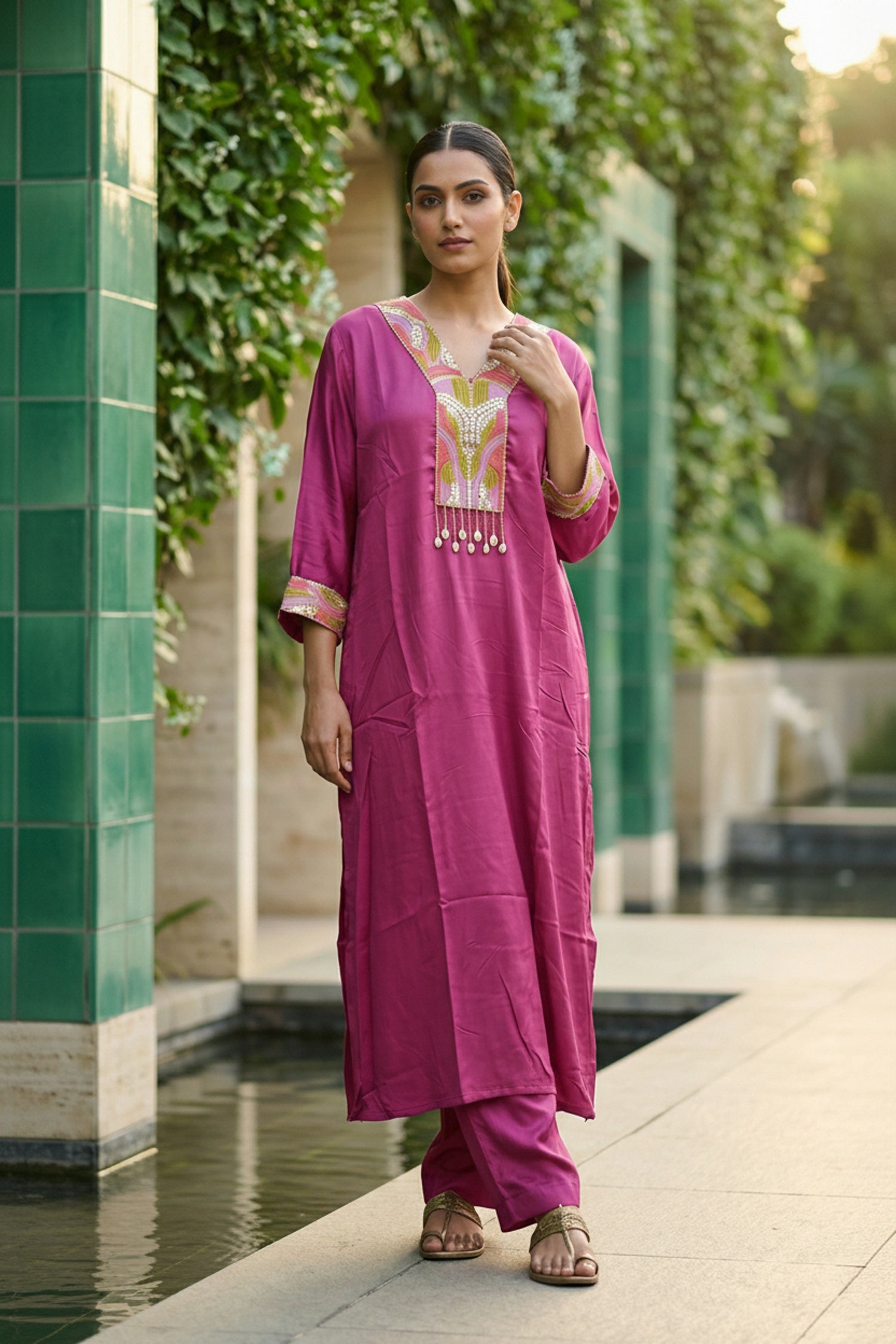 Pink Printed Cotton Co-ord Set with Embroidery