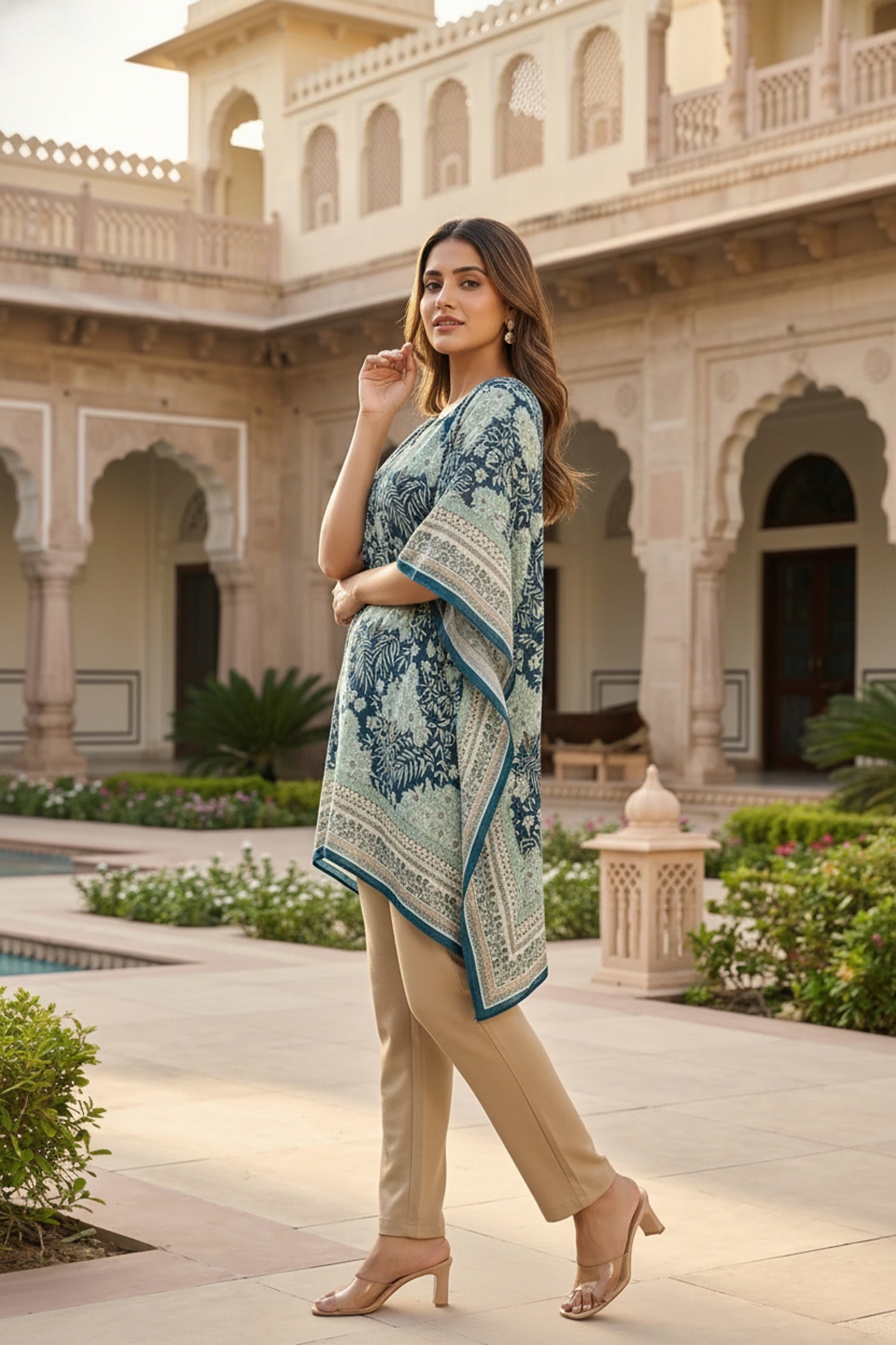 Blue Printed Viscose Short Kaftan