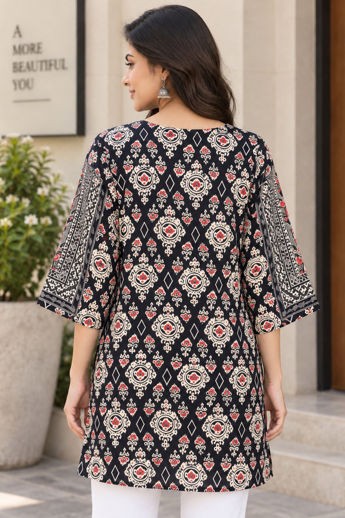 Black Ajrakh Printed Short Kurti Top