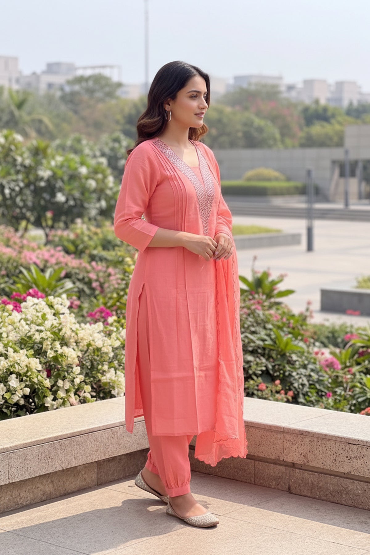Peach Embroidered Kurta Set With Dupatta