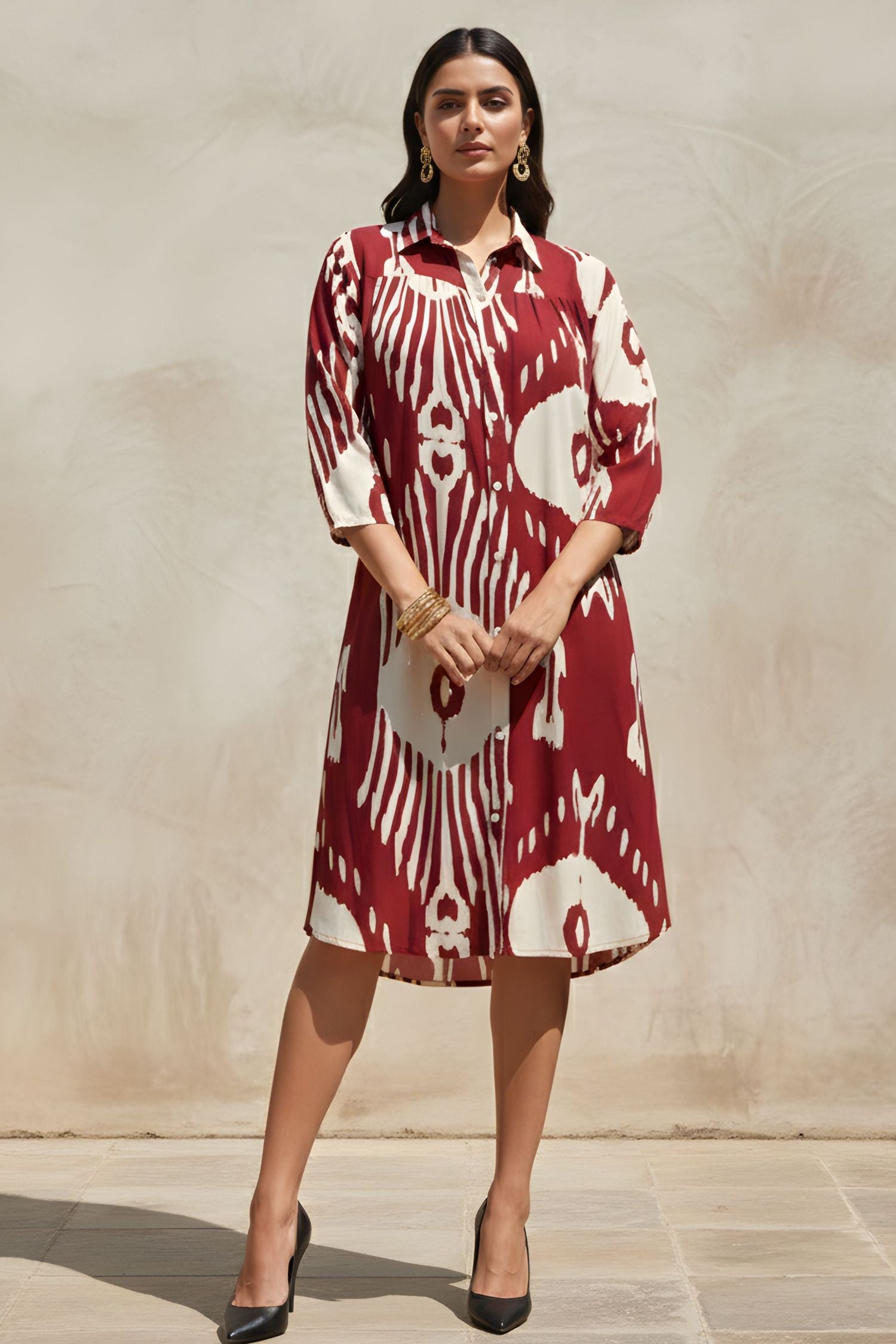 Abstract Printed Maroon Red Shirt Midi Dress