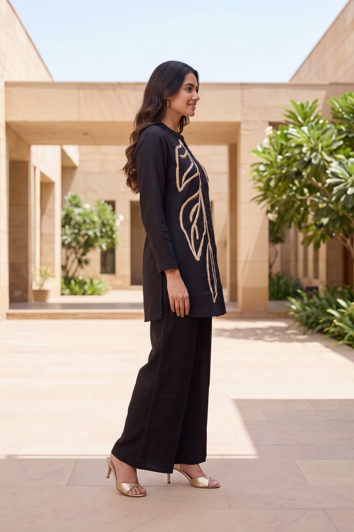 Black Embroidered Cotton Coord Set