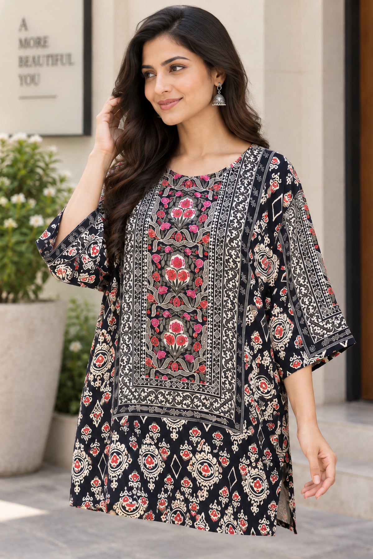 Black Ajrakh Printed Short Kurti Top