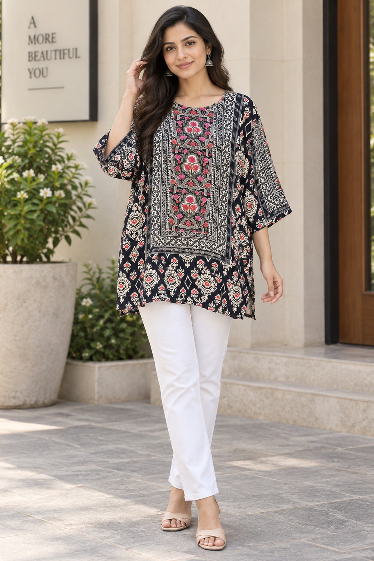 Black Ajrakh Printed Short Kurti Top