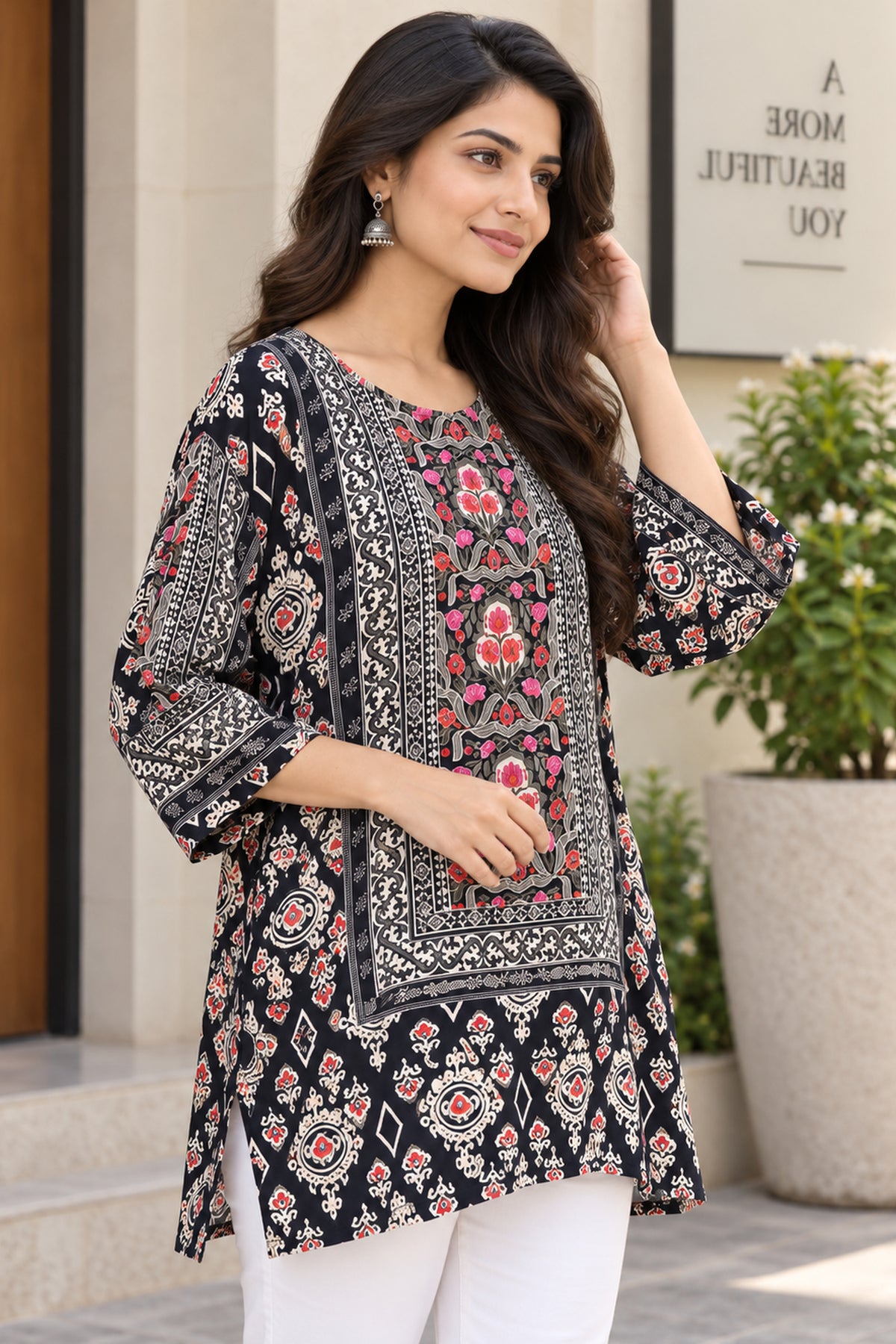 Black Ajrakh Printed Short Kurti Top
