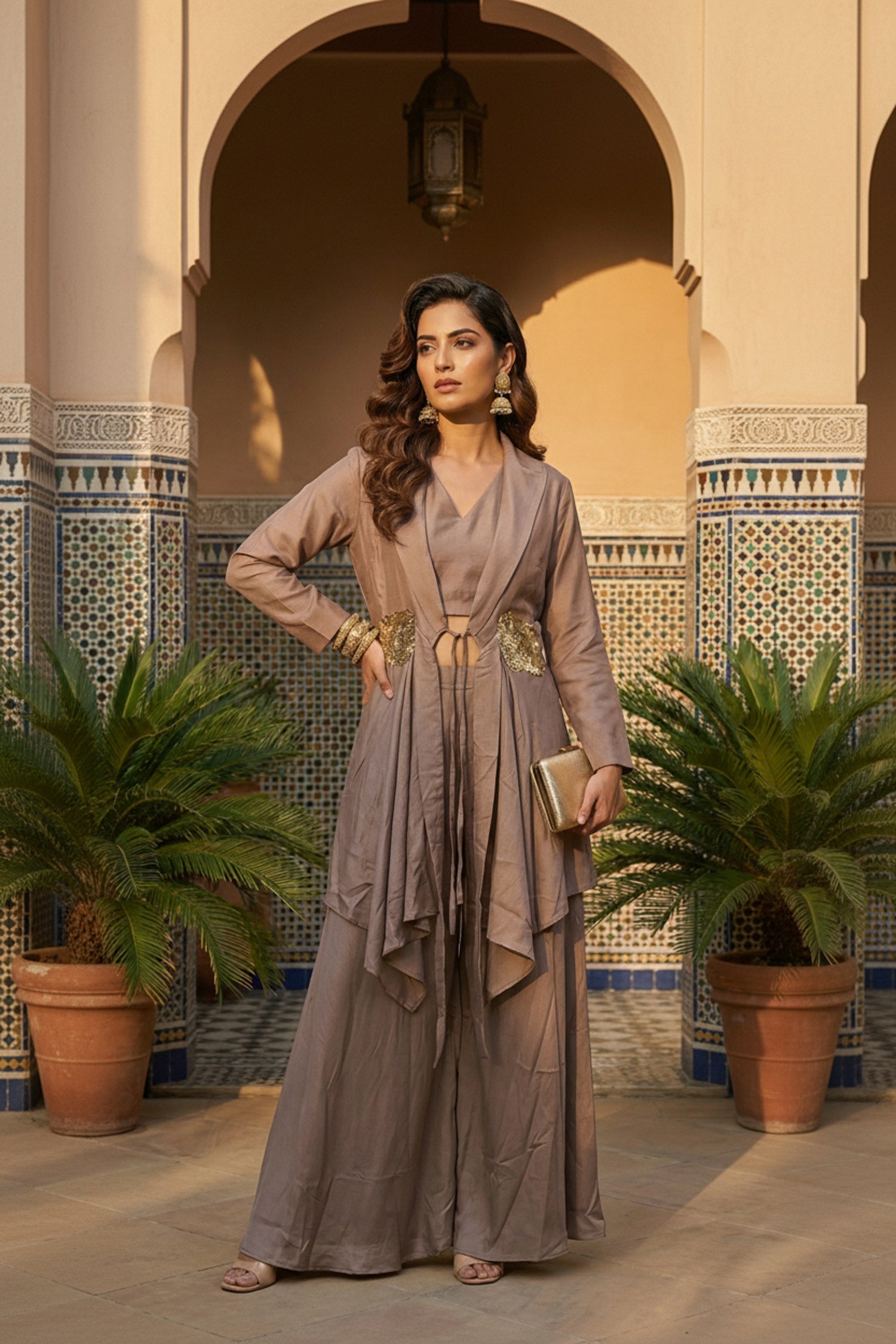 Taupe Brown Cordset for Women with Embellished Waist & Layered Jacket Design