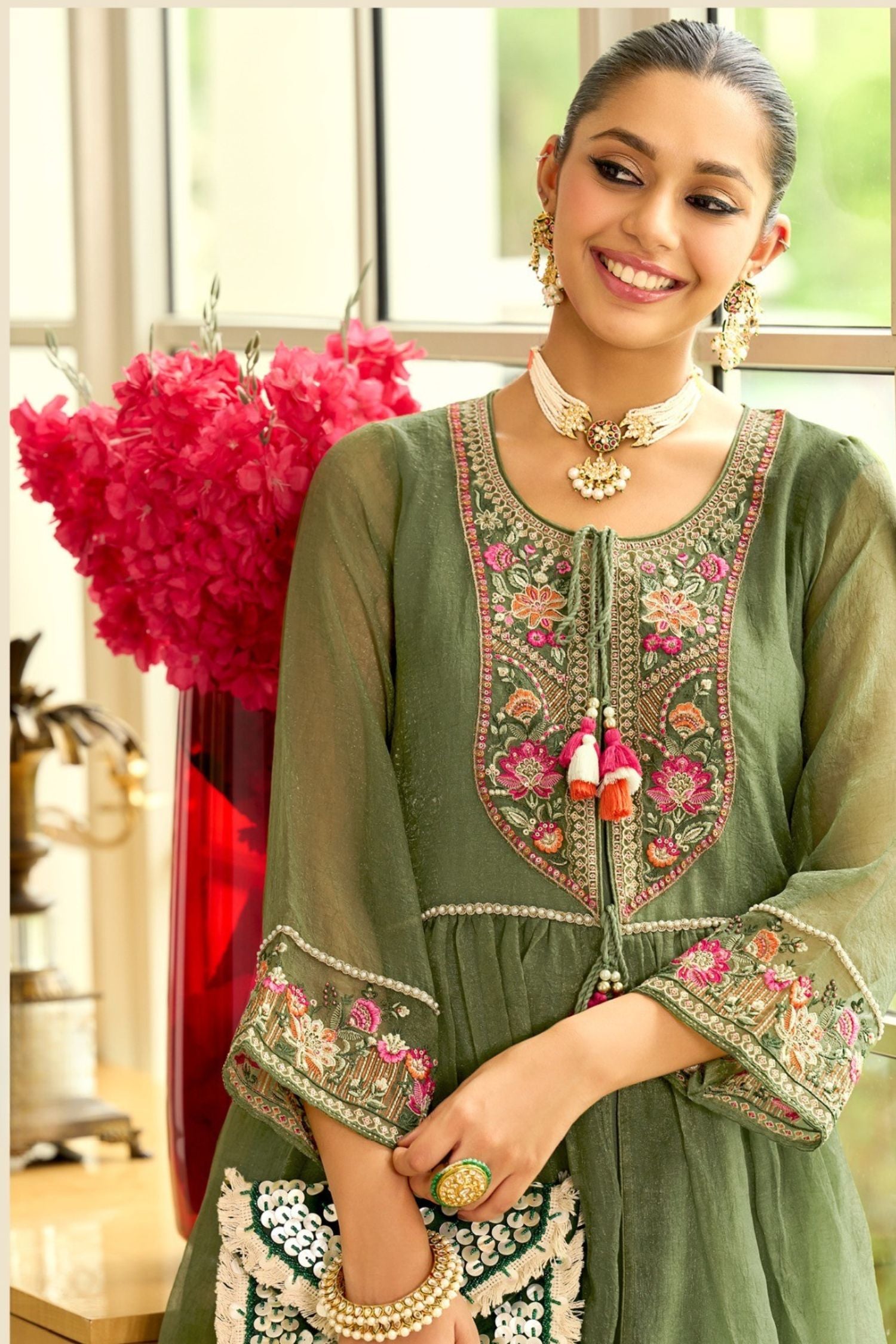 Signature Pure Organza Collection – Embroidered Perfection with Handcrafted Charm (Green)