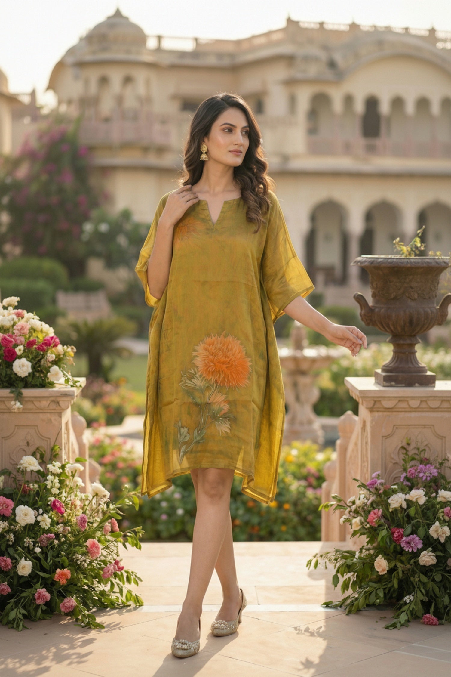 Mehendi Printed Chinon Short Kaftan