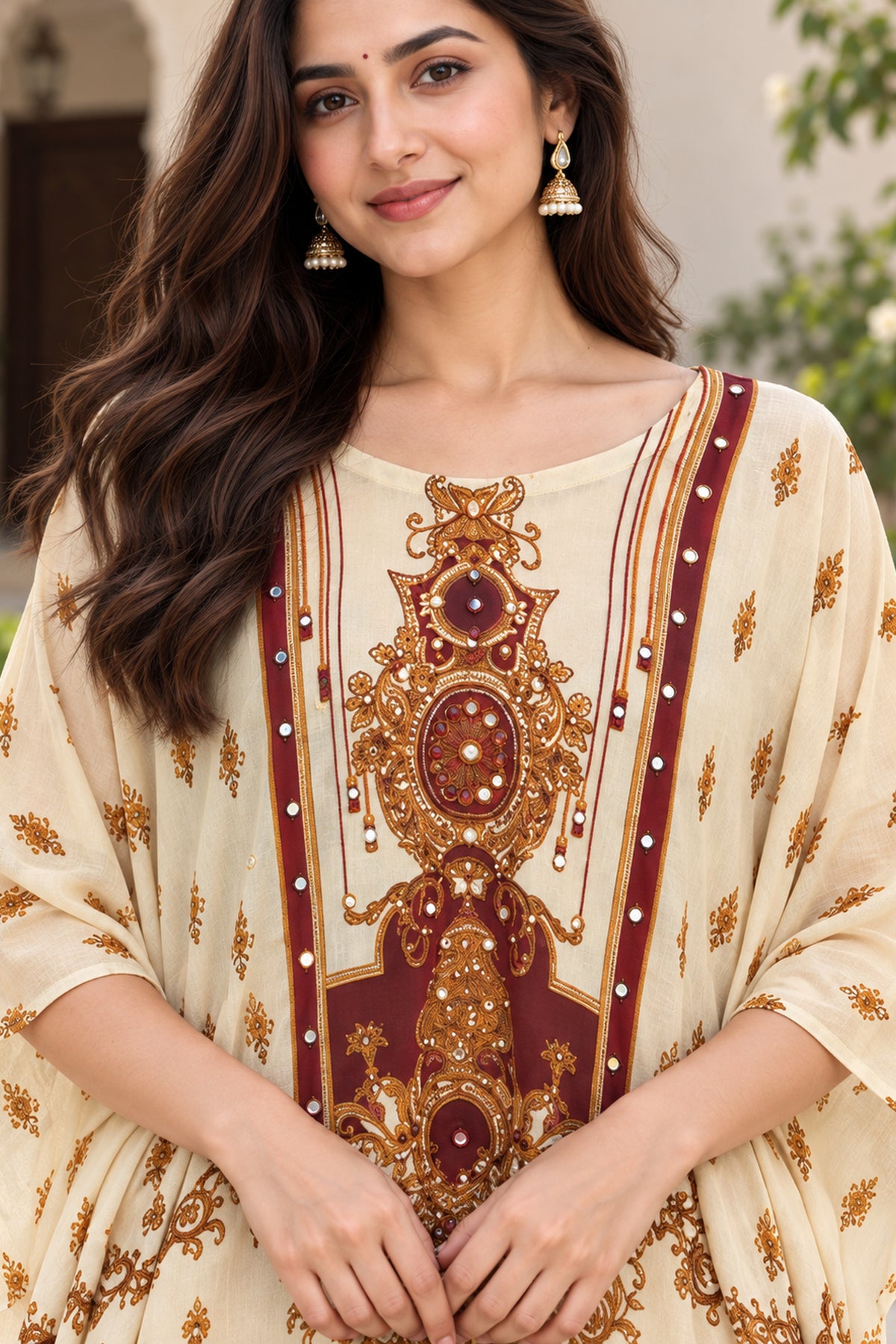 Cream Printed Kaftan Coord Set