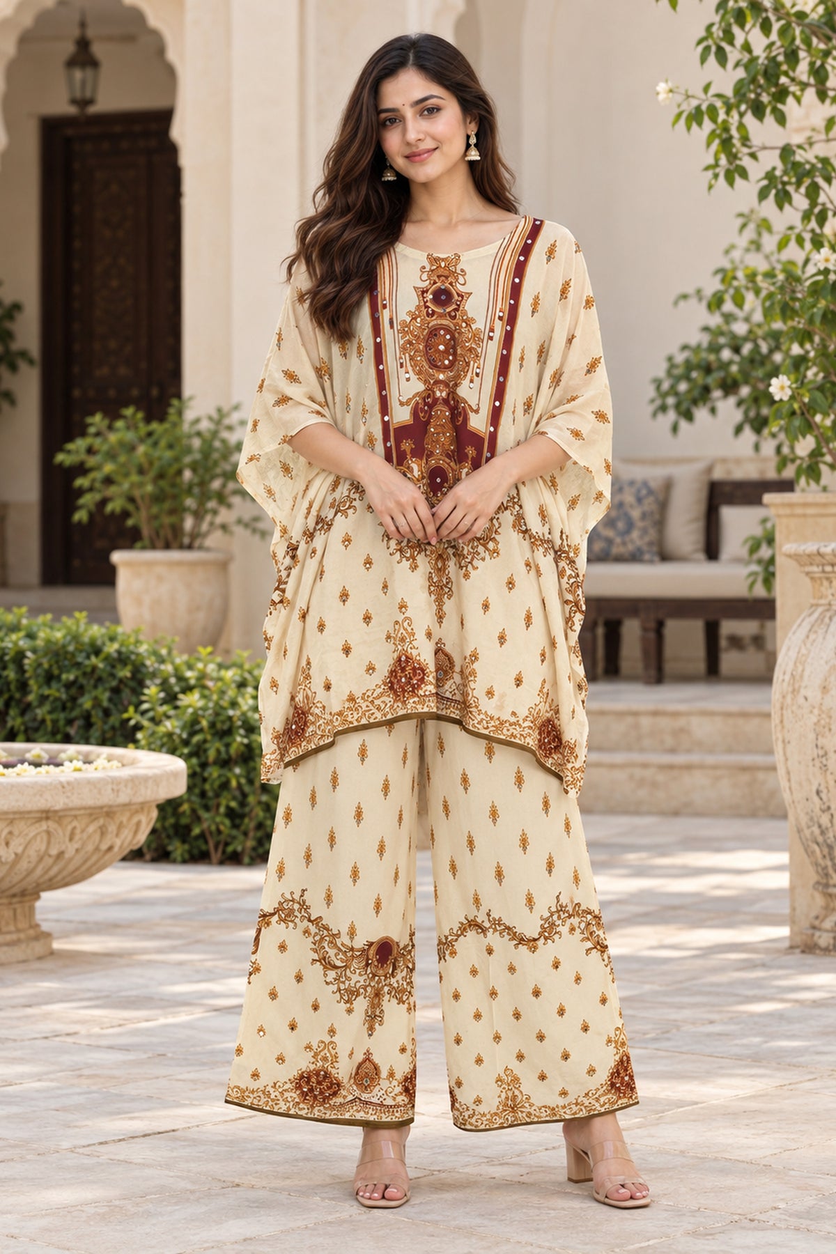 Cream Printed Kaftan Coord Set