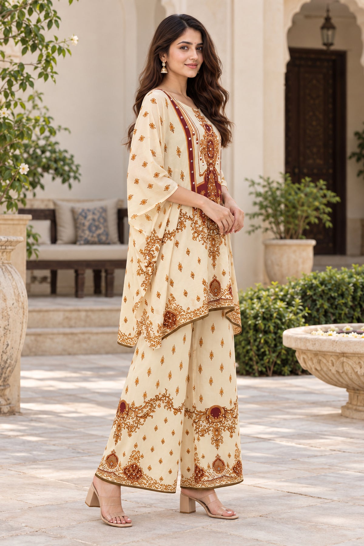 Cream Printed Kaftan Coord Set