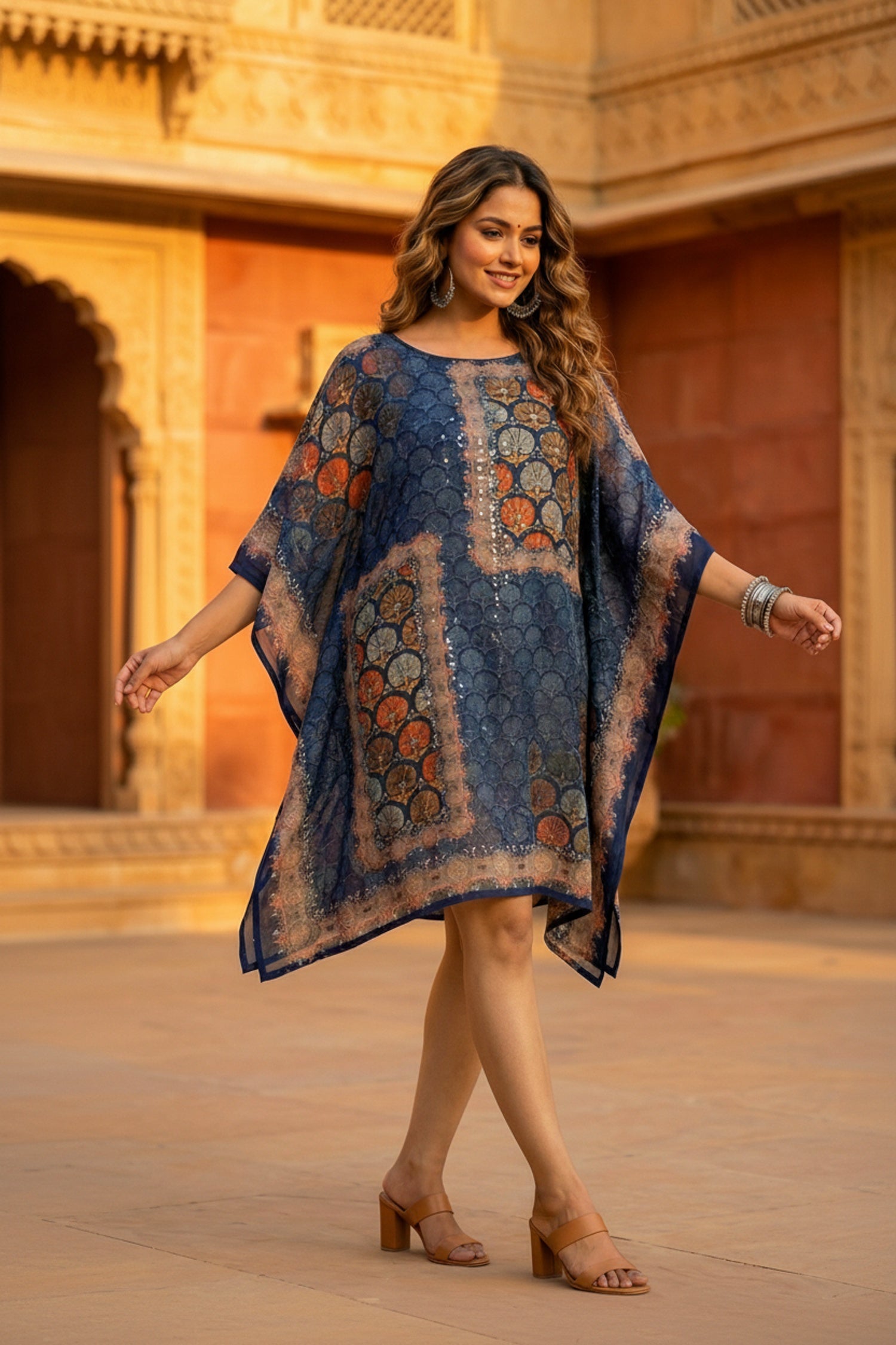 Navy Blue Printed Viscose Short Kaftan