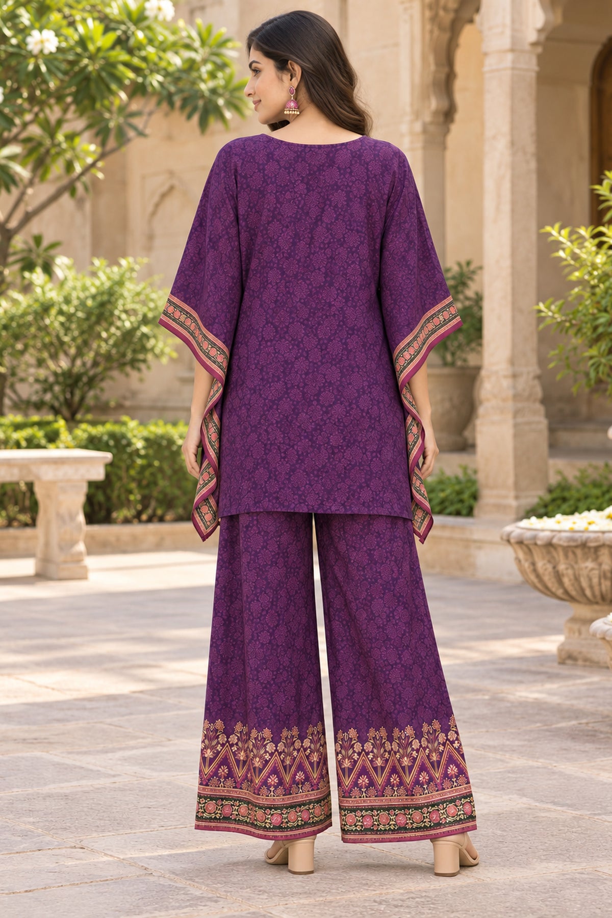 Purple Printed Kaftan And Palazzo Coord Set