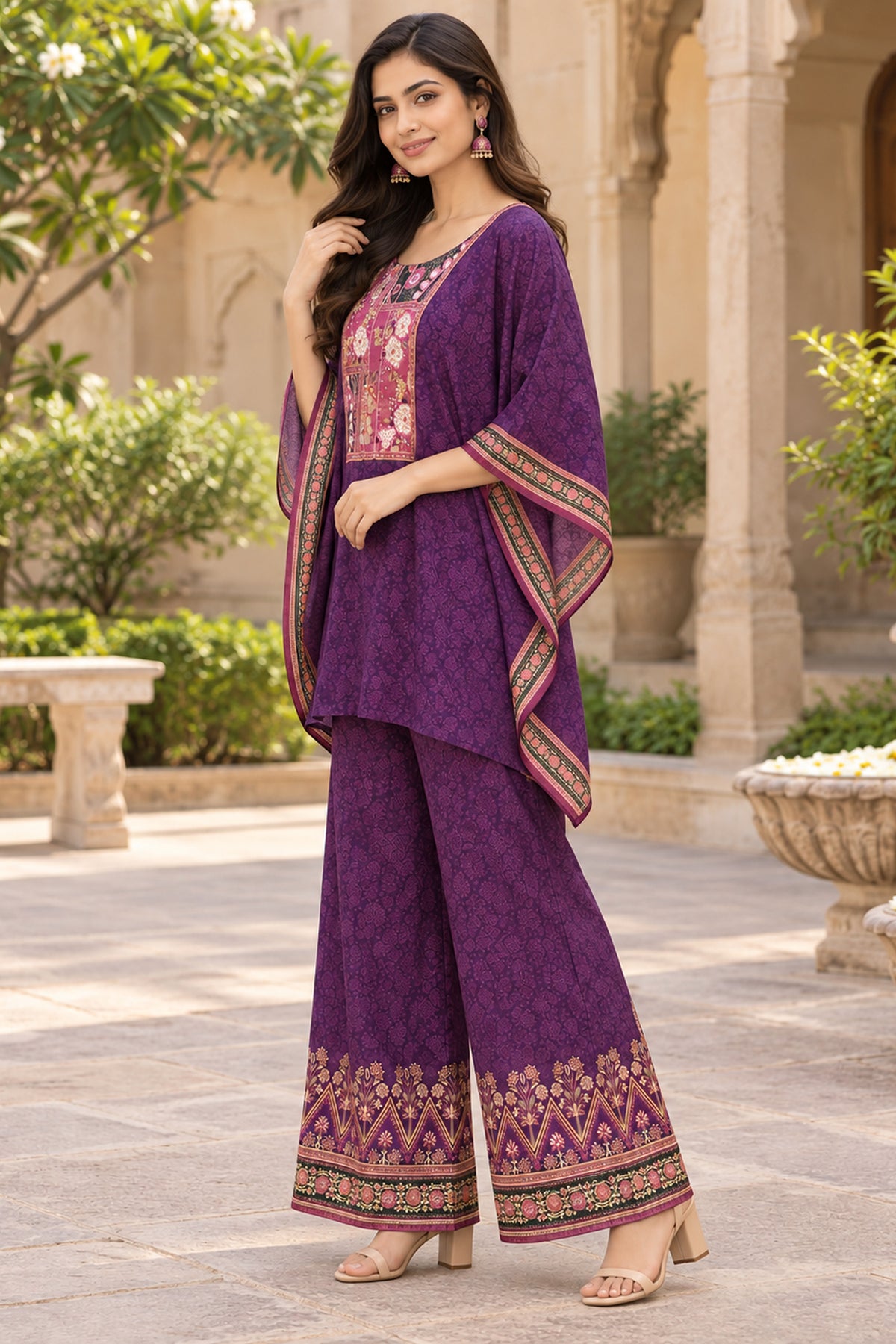 Purple Printed Kaftan And Palazzo Coord Set
