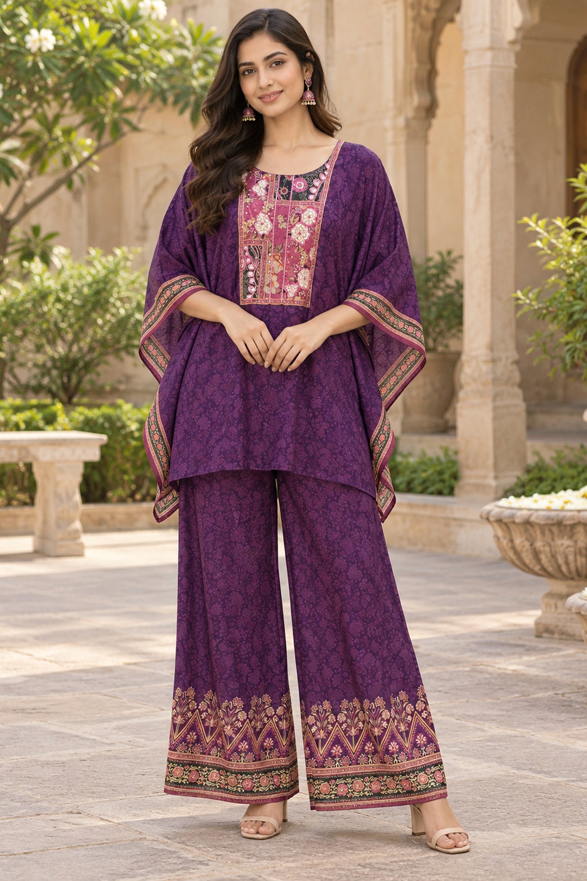 Purple Printed Kaftan And Palazzo Coord Set