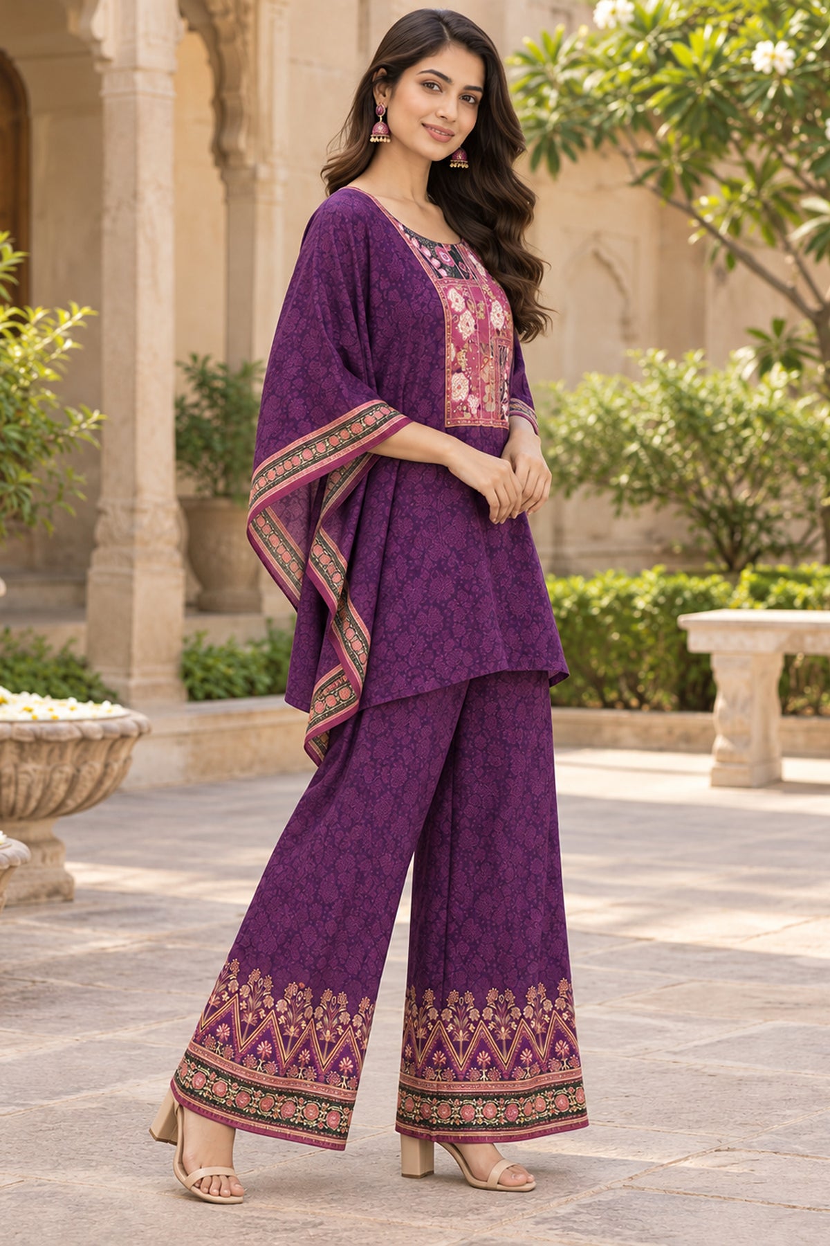 Purple Printed Kaftan And Palazzo Coord Set