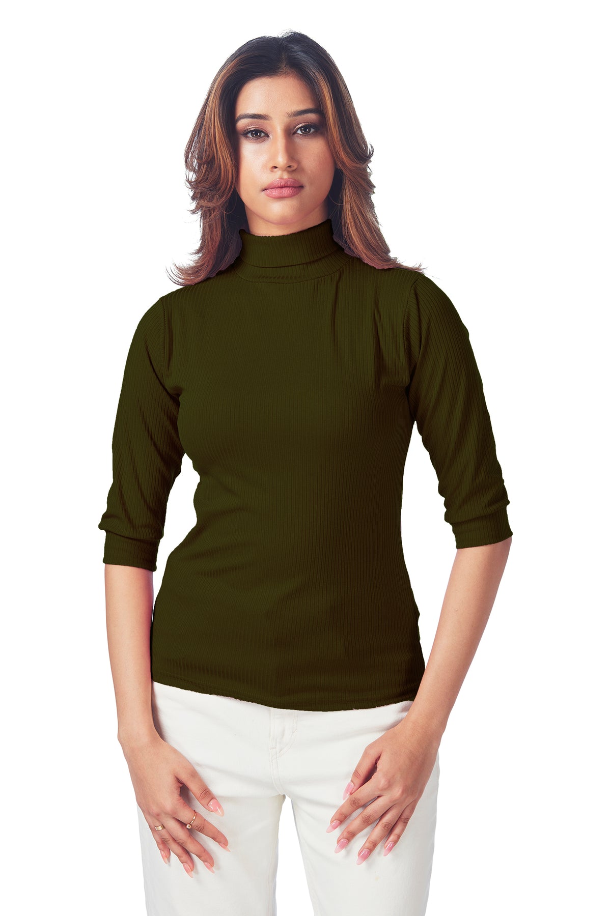 Casual Polo Neck Ribbed 3/4Th Sleeves T-shirts - Dark Green - Freyaa
