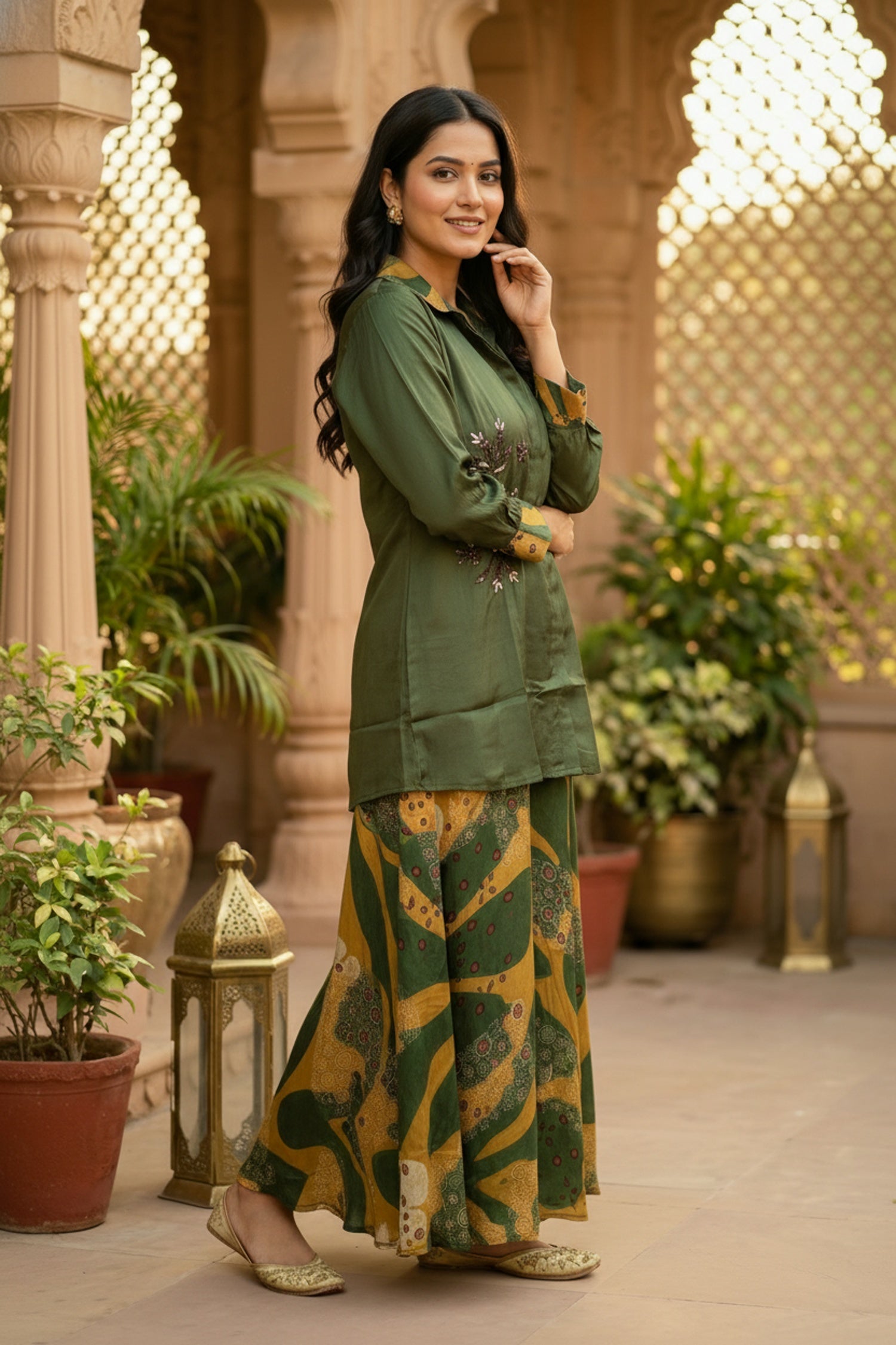 Green Grace Satin Top And Embroidered Cord Set