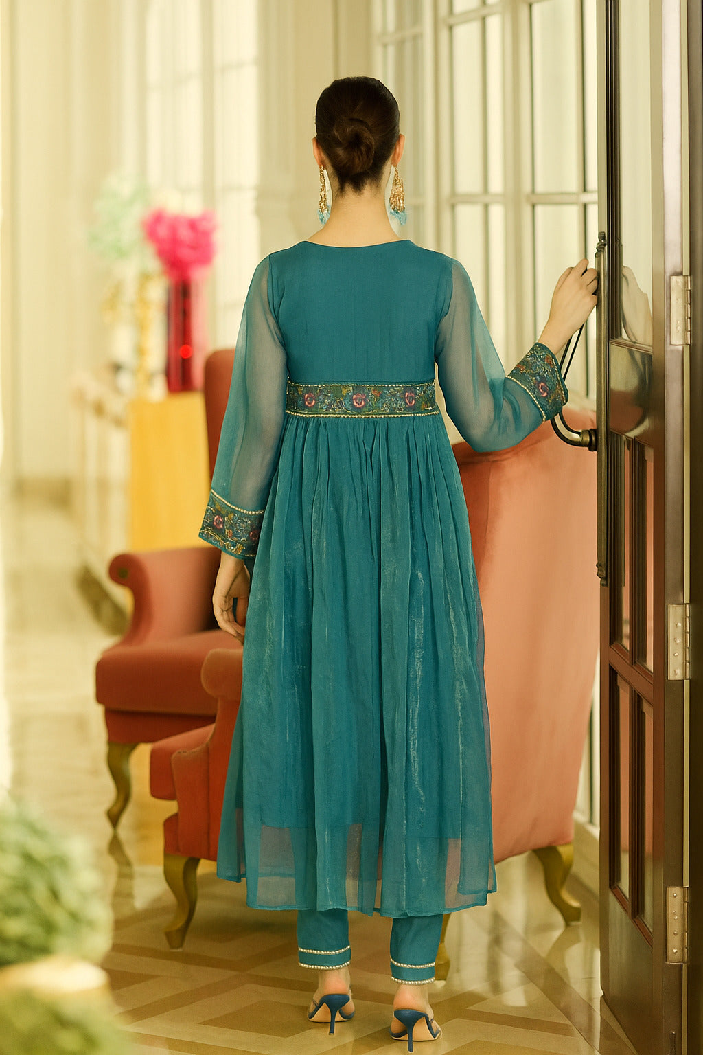 Turquoise Pure Organza Embroidered Cord Set With Lace Sleeves