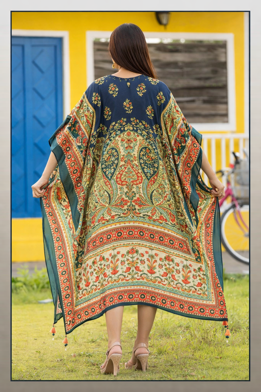 Chic Blue Long Kaftan with Printed Patterns