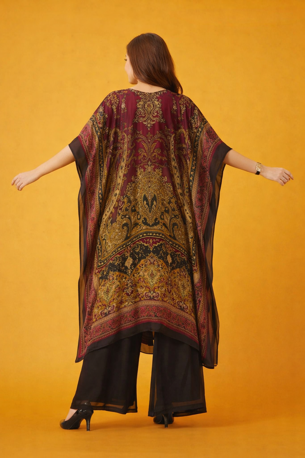 Freyaa Maroon Long Viscose Kaftan with Elegant Detailing