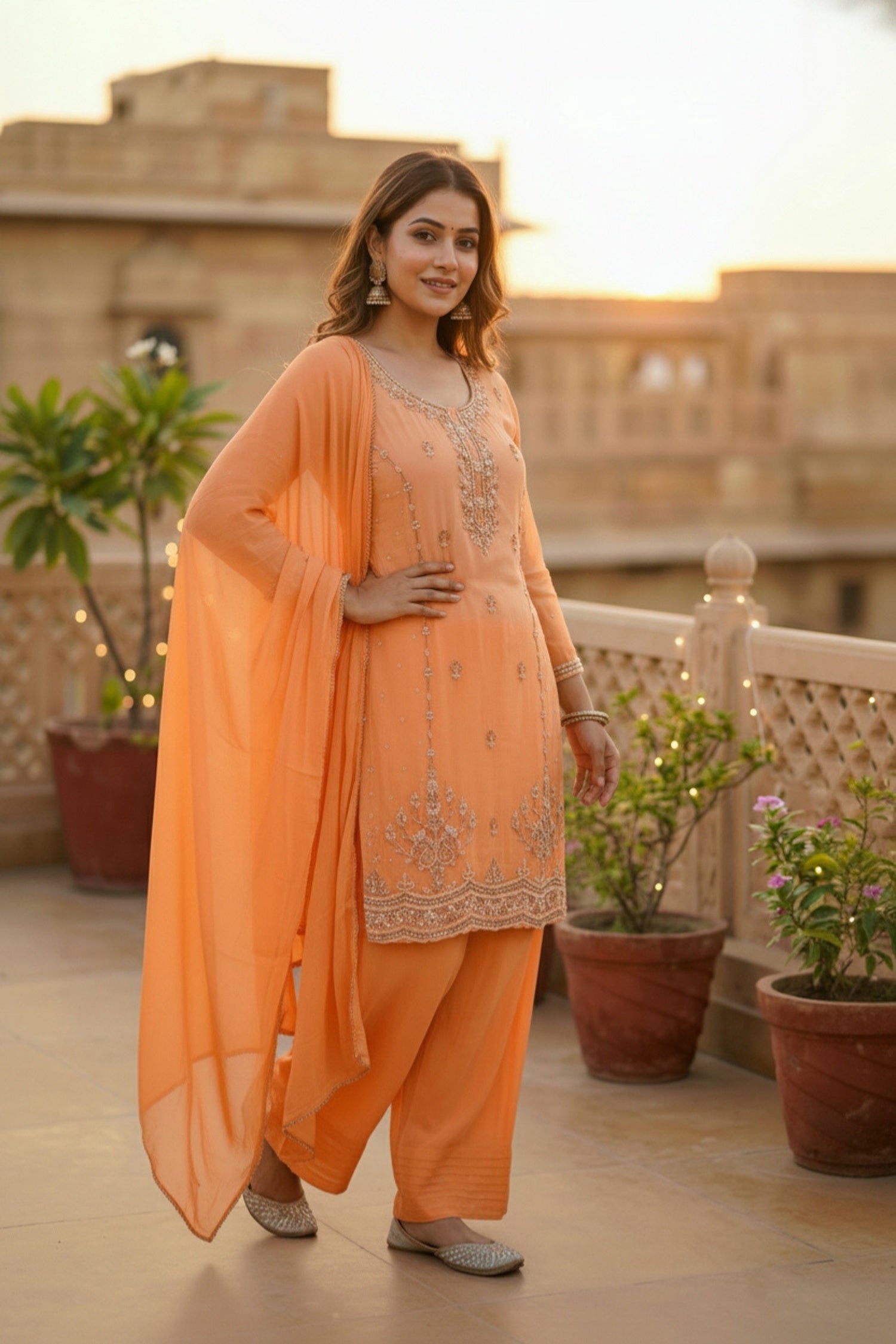 Orange Embroidered Kurta with Salwar & Dupatta