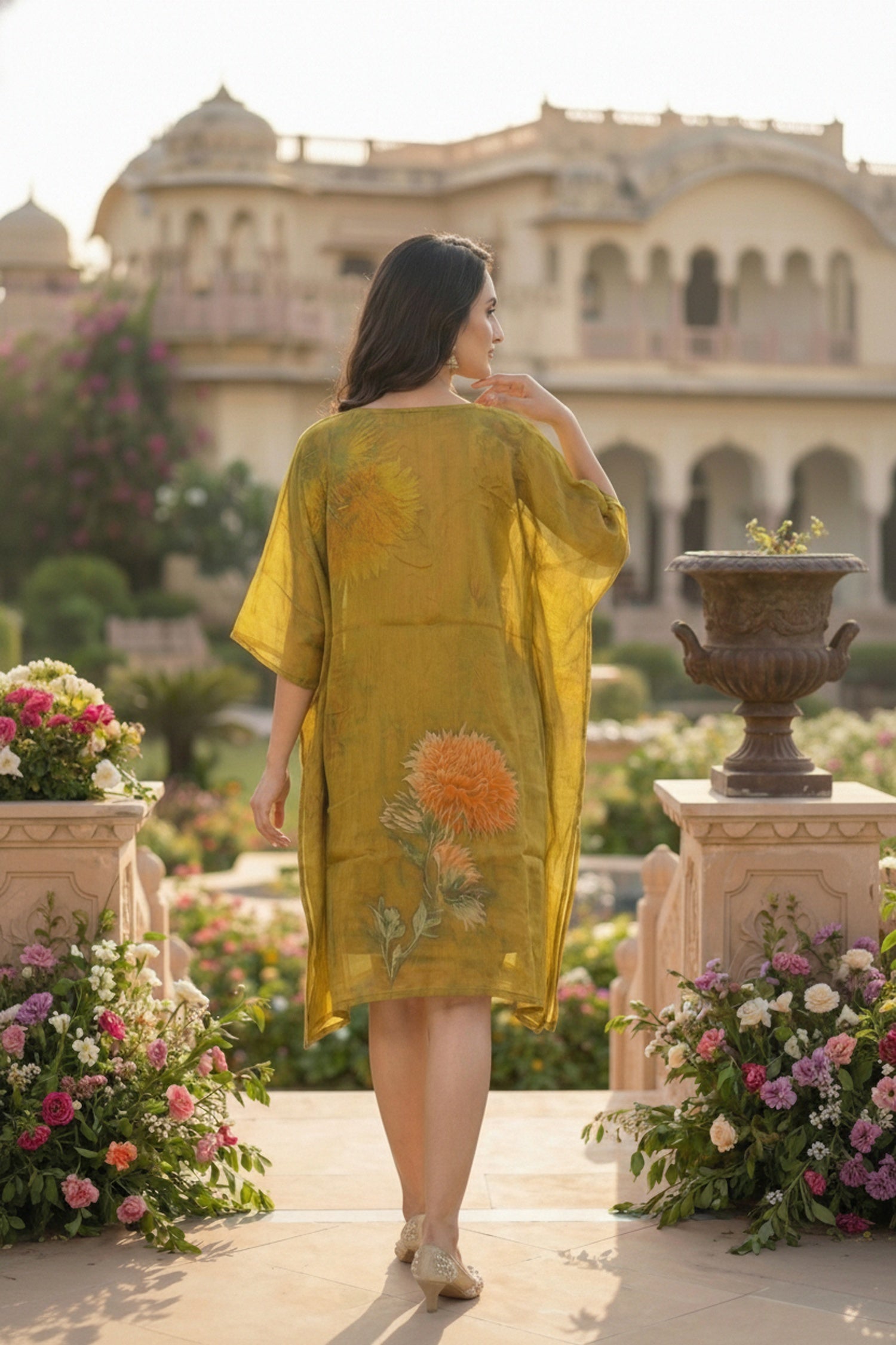 Mehendi Printed Chinon Short Kaftan
