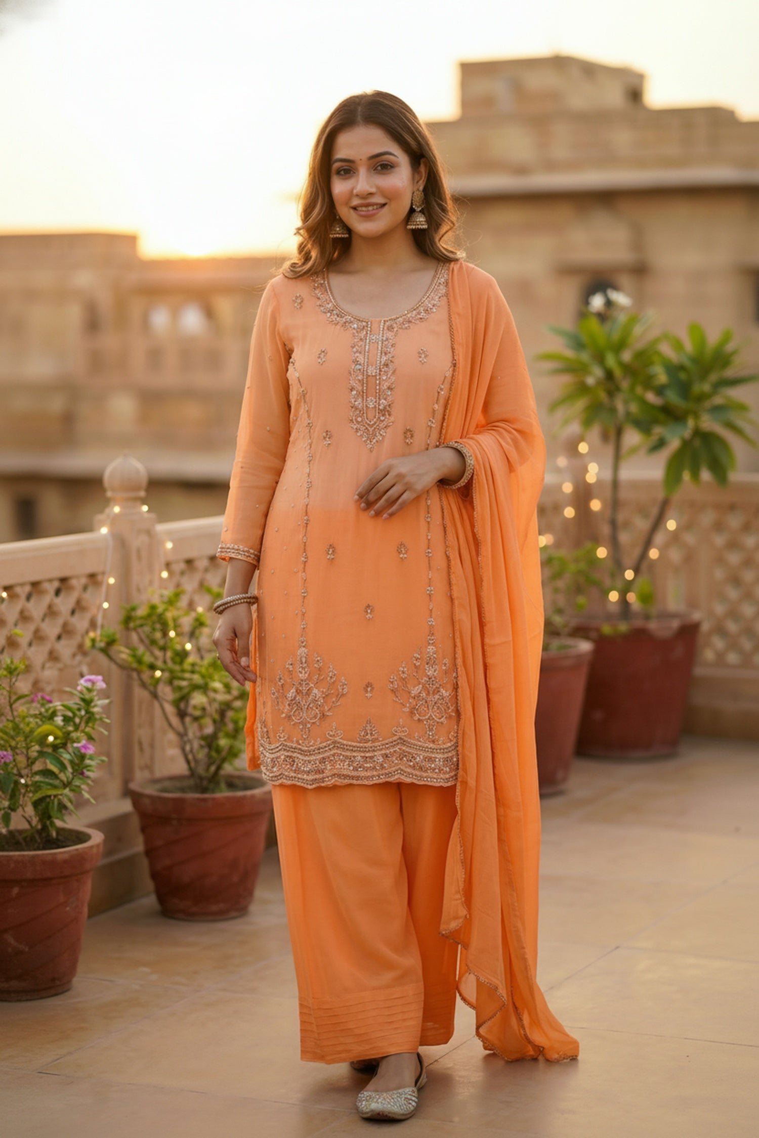 Orange Embroidered Kurta with Salwar & Dupatta