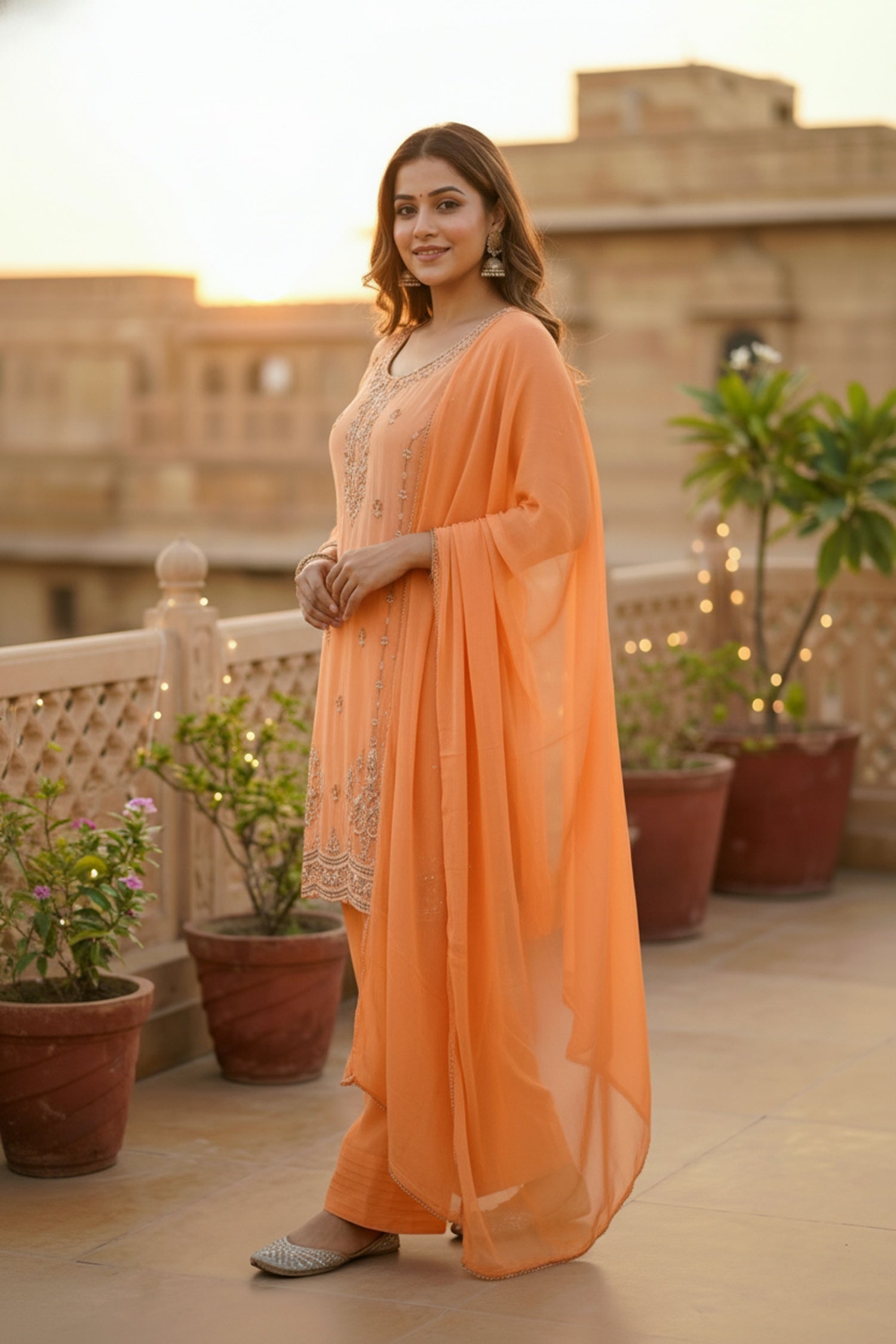 Orange Embroidered Kurta with Salwar & Dupatta