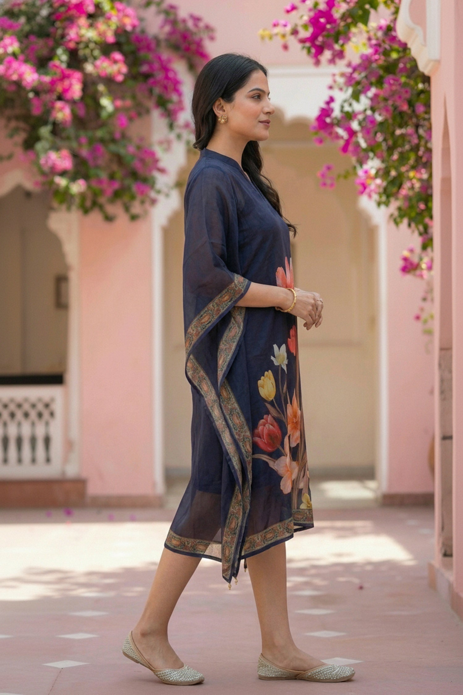 Navy Blue Floral Printed Chinon Short Kaftan