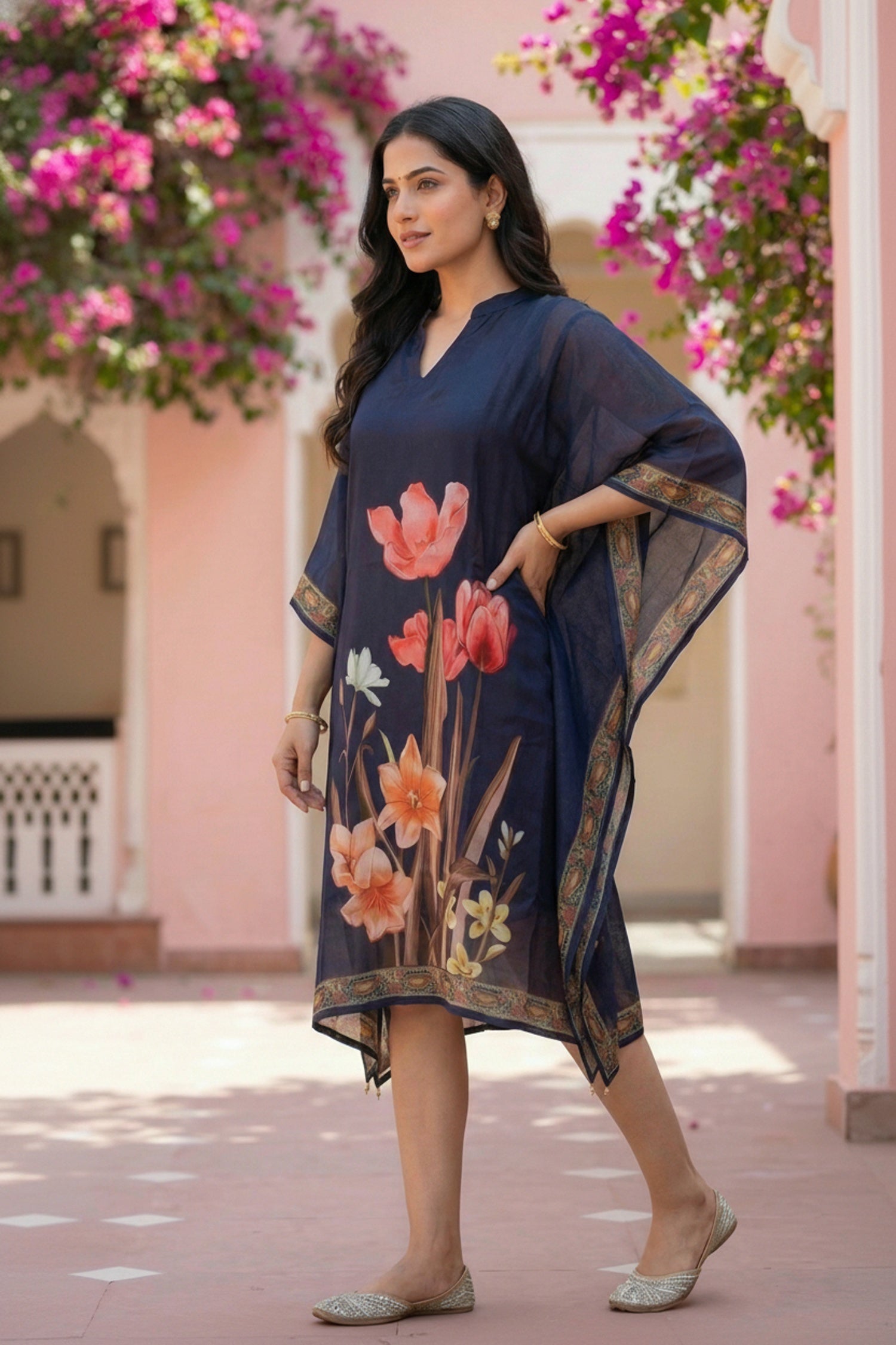 Navy Blue Floral Printed Chinon Short Kaftan