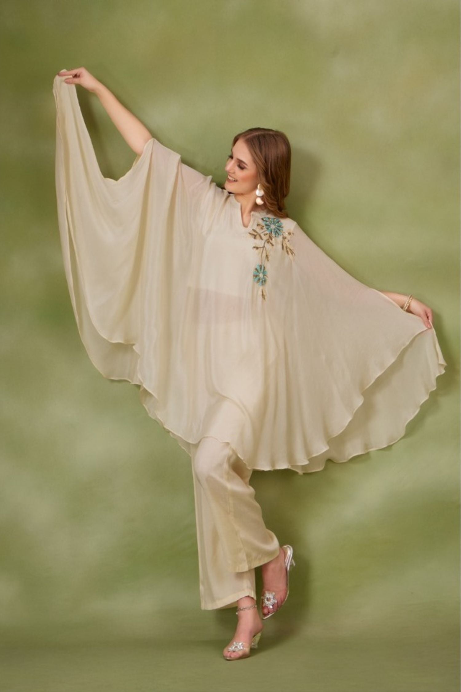 Embroidered Elegance Cream Kaftan Cord Set