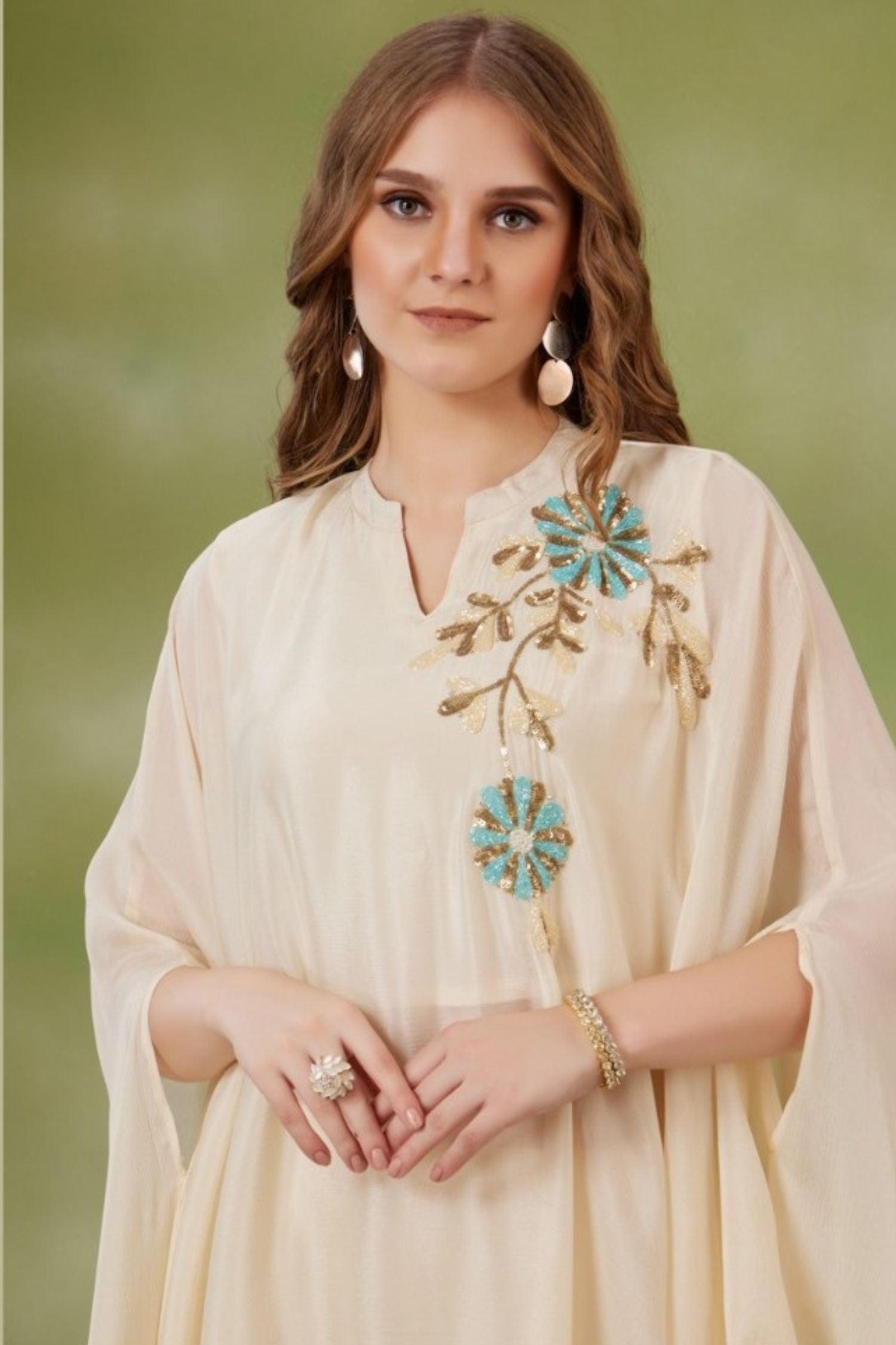 Embroidered Elegance Cream Kaftan Cord Set