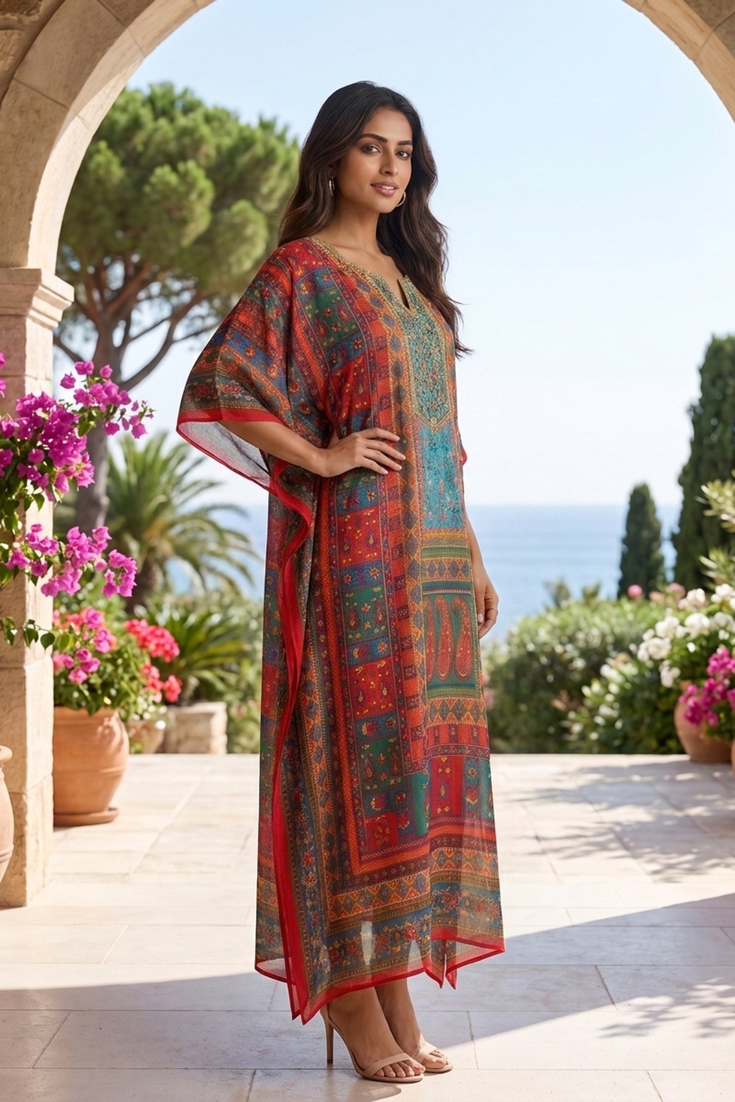 Multicolor Printed Long Kaftan Dress