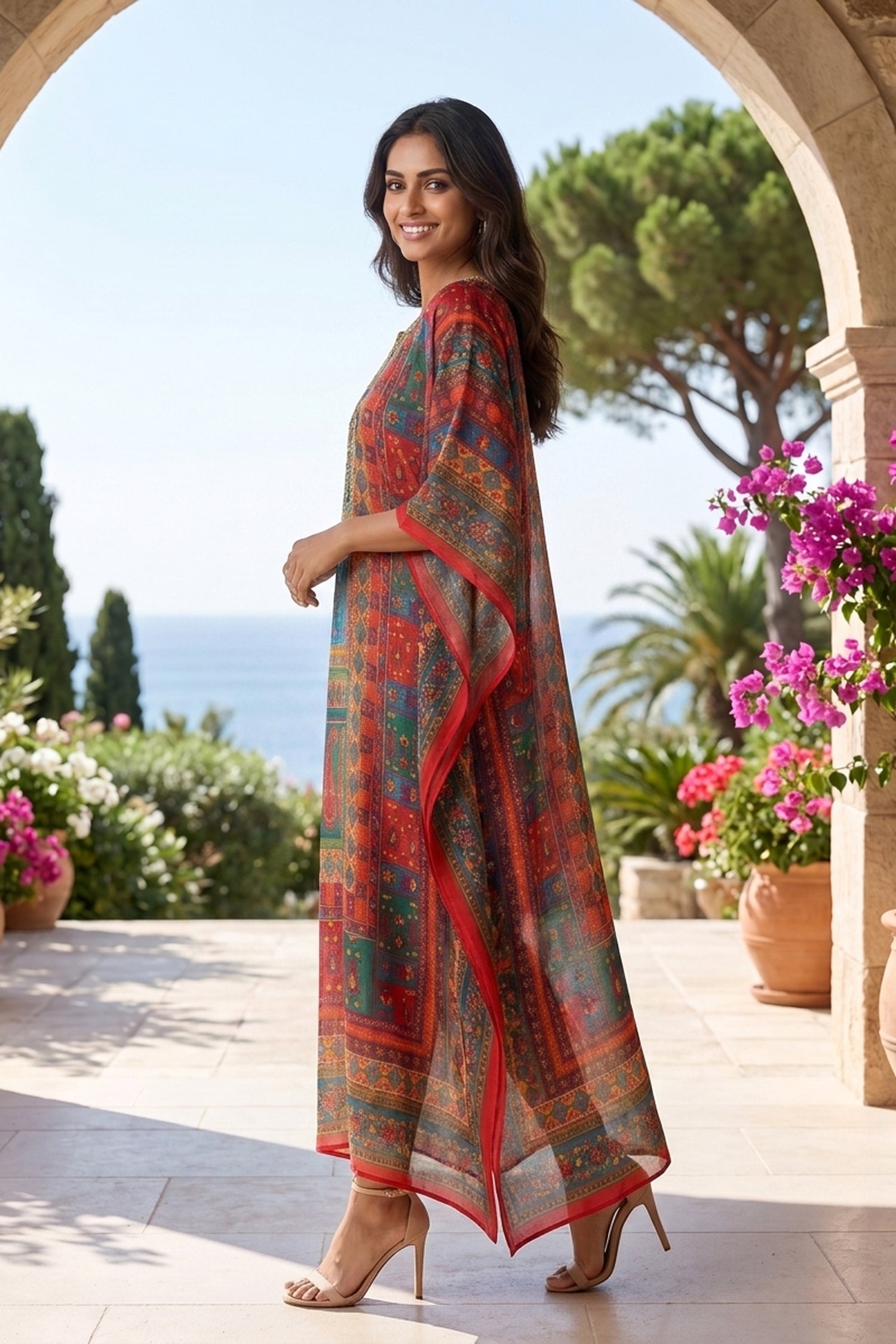 Multicolor Printed Long Kaftan Dress