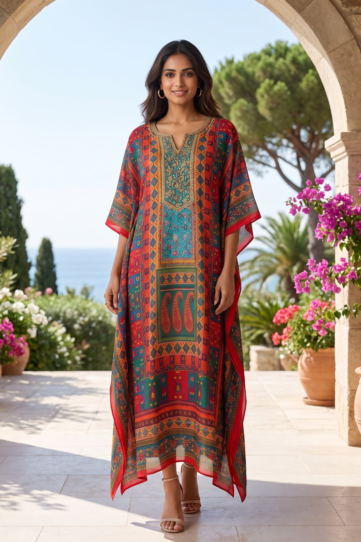Multicolor Printed Long Kaftan Dress