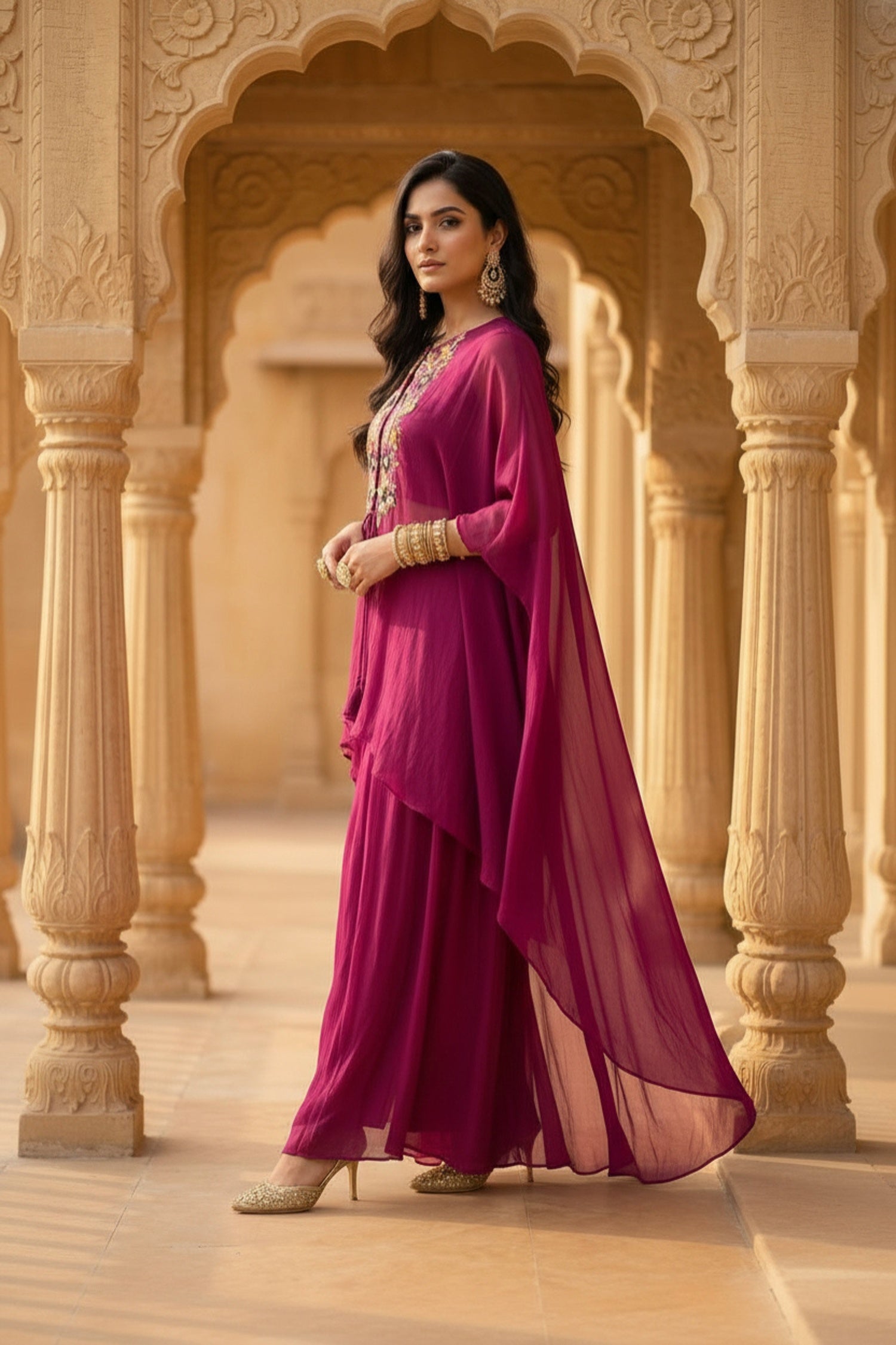 Purple Three-Piece Set with Embroidered Net Jacket and Pant