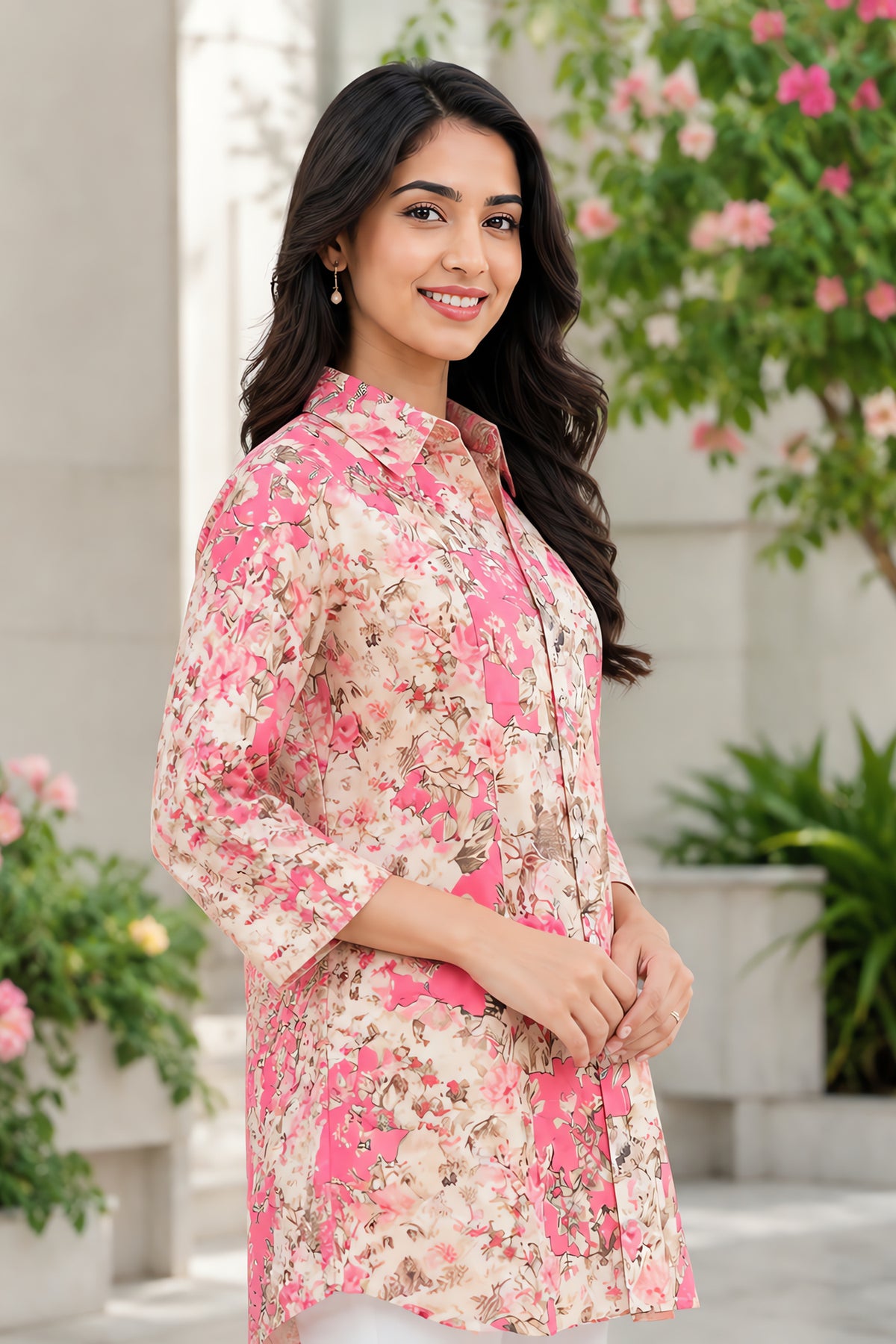 Pink Floral Printed Top Shirt