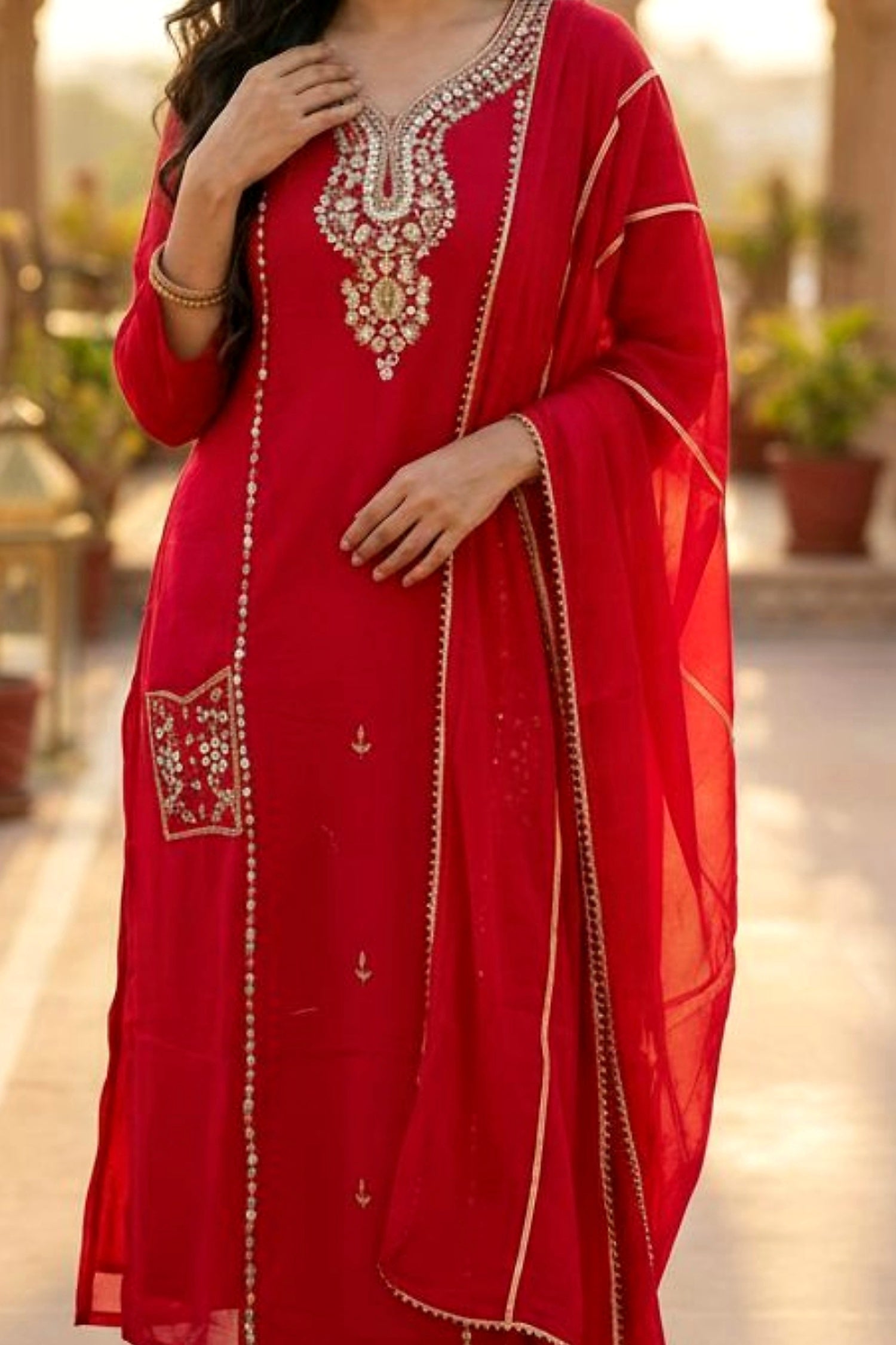 Royal Rani Red Three-Piece Set with Intricate Neck Embroidery