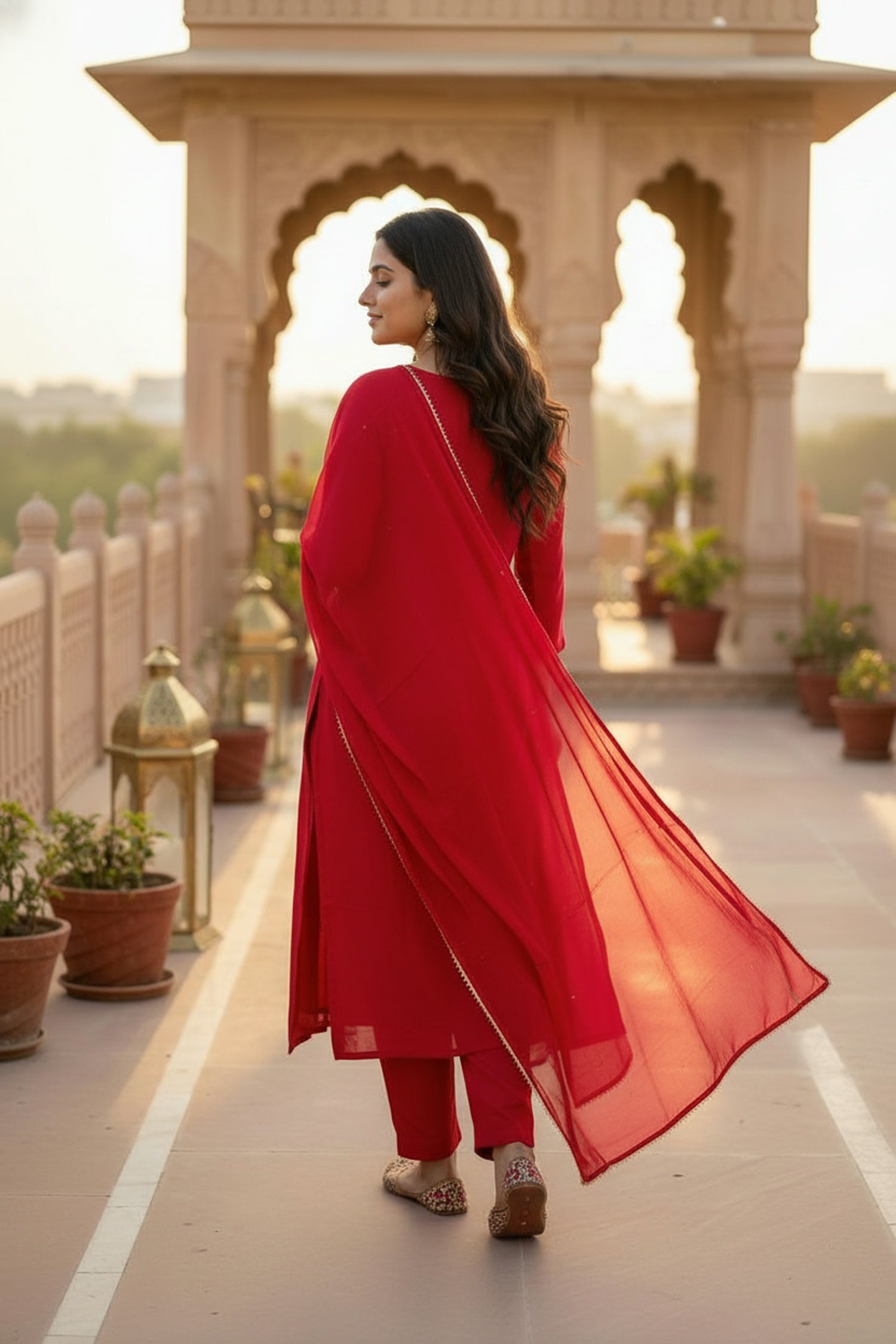 Royal Rani Red Three-Piece Set with Intricate Neck Embroidery